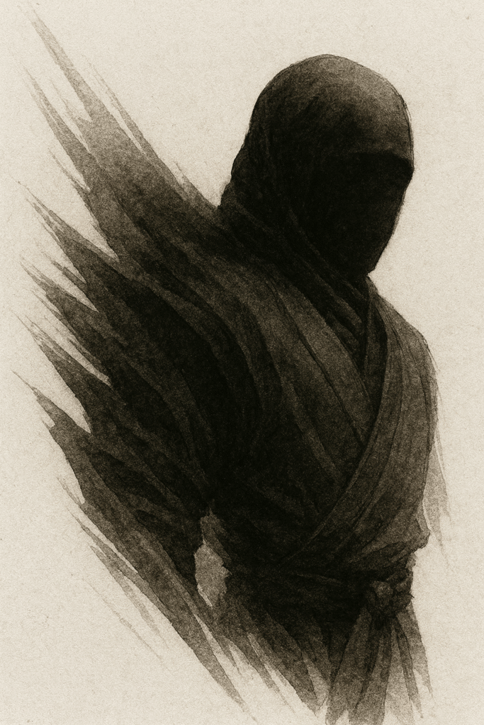 Ninja illustration in Japanese sumi-e art style, symbolizing Samurai, Bushido, and the history of Japan.