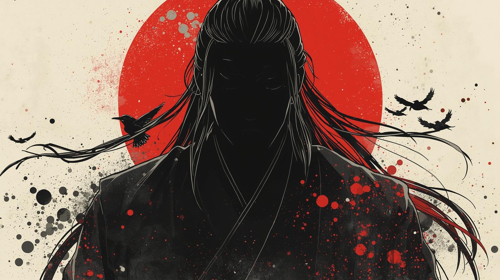 Samurai silhouette with a red rising sun, symbolizing discipline, courage, and leadership in Japanese history.