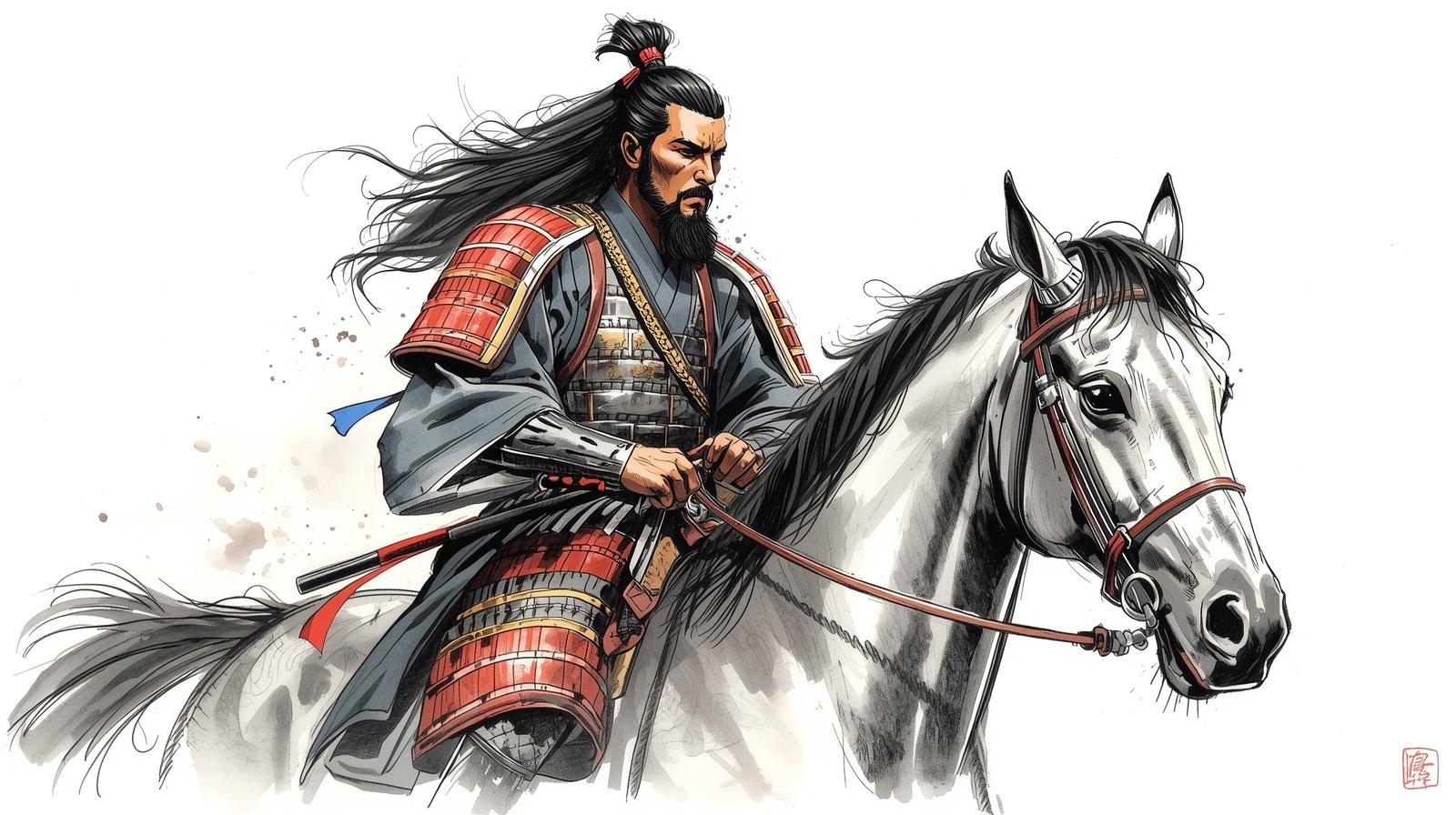Samurai warrior in armor riding a horse, symbolizing leadership, vision, and discipline in an ink-style illustration.