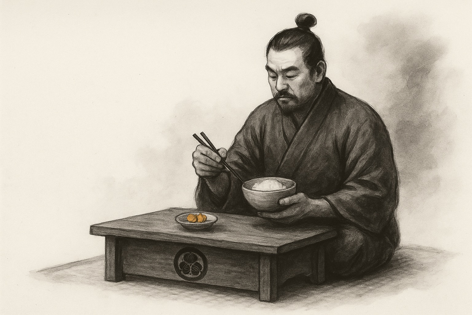 Tokugawa Ieyasu eating a humble meal of rice and golden pickles at a low table with Tokugawa family crest, ink wash illustration symbolizing frugality and discipline.