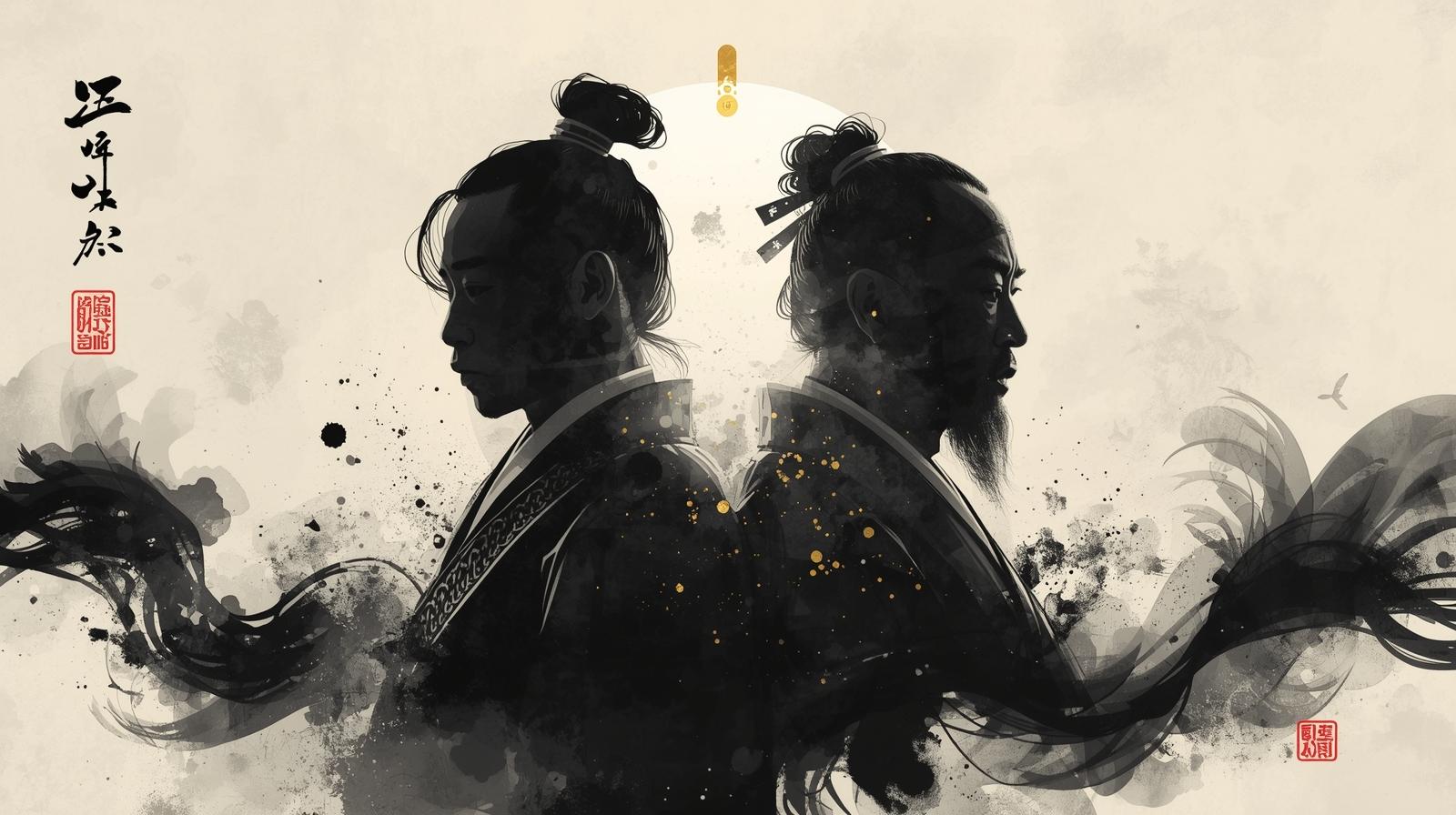 Ink-style illustration of a samurai shown as the same person in two forms, one facing the past and the other looking to the future, symbolizing time, strategy, and self-reflection.