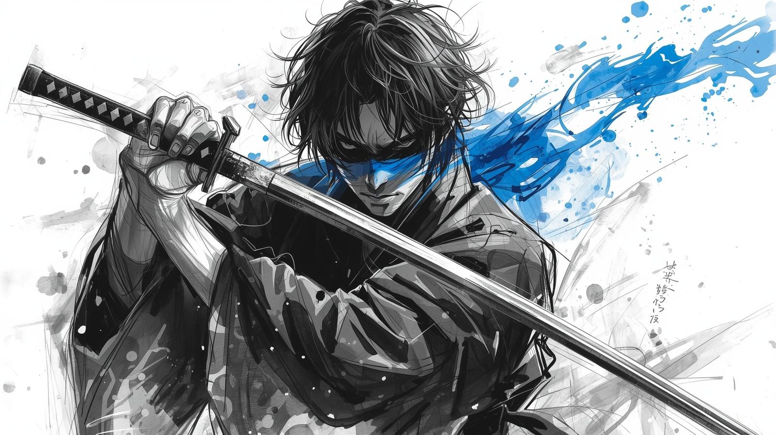 Miyamoto Musashi illustrated in ink style with a drawn sword and bold blue strokes, symbolizing discipline, resilience, and long-term strategy."
