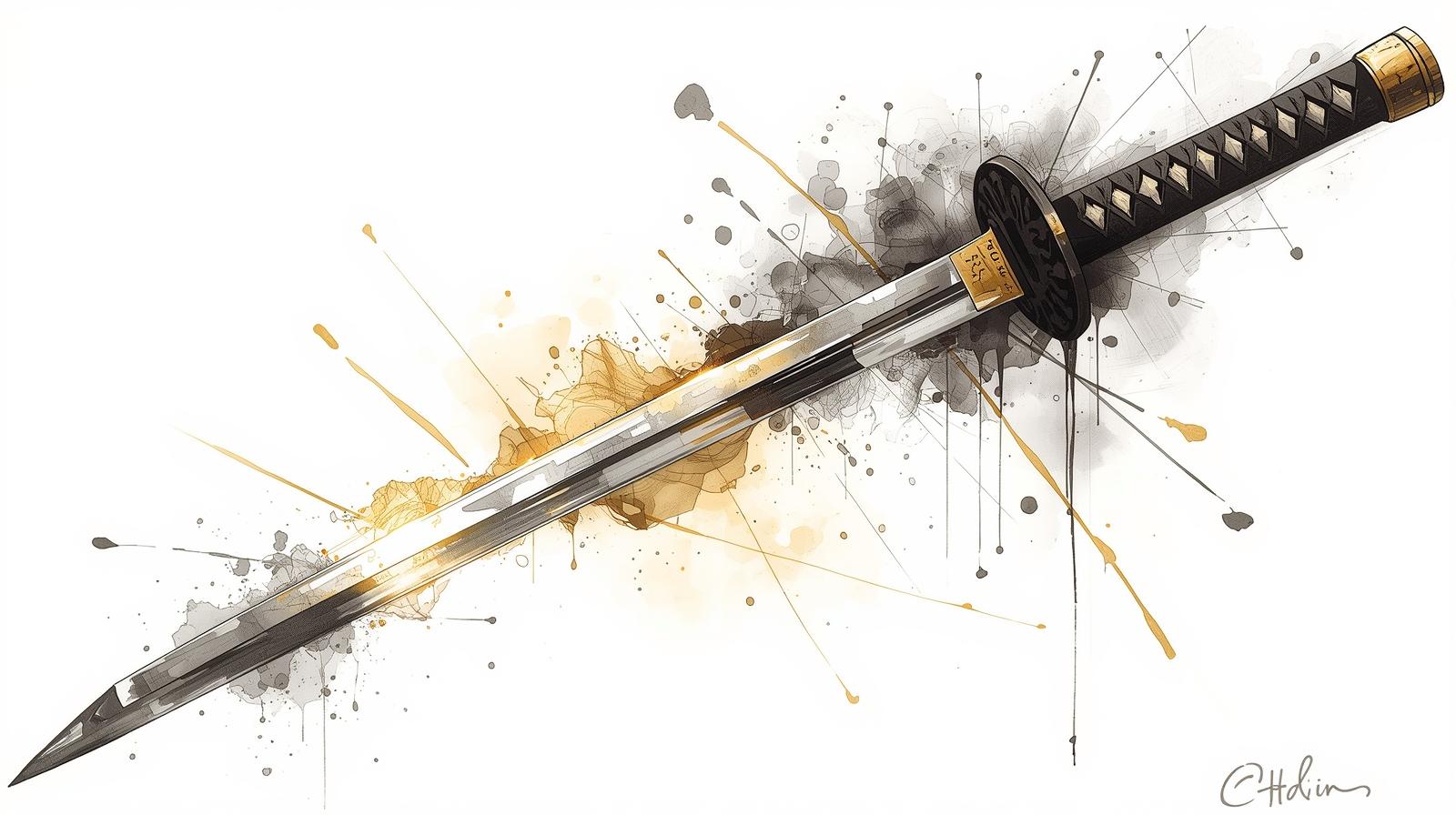 A traditional samurai katana sword with artistic ink splashes, symbolizing discipline, honor, and financial strategy.