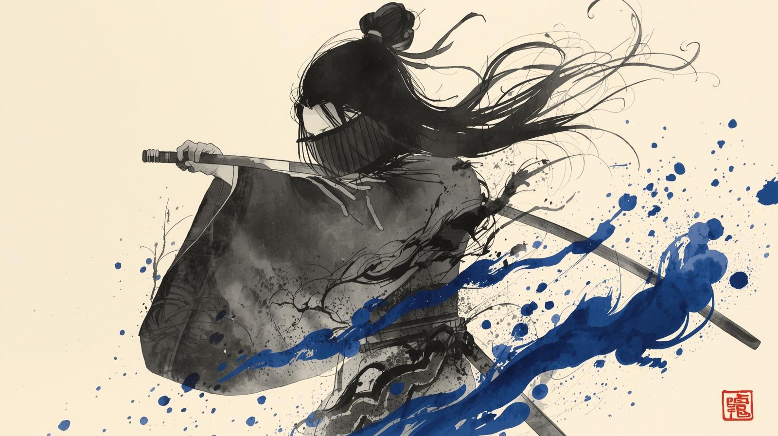 Ink-style illustration of a samurai with flowing hair drawing a sword, symbolizing Oda Nobunaga’s strategy and Sun Tzu deception.