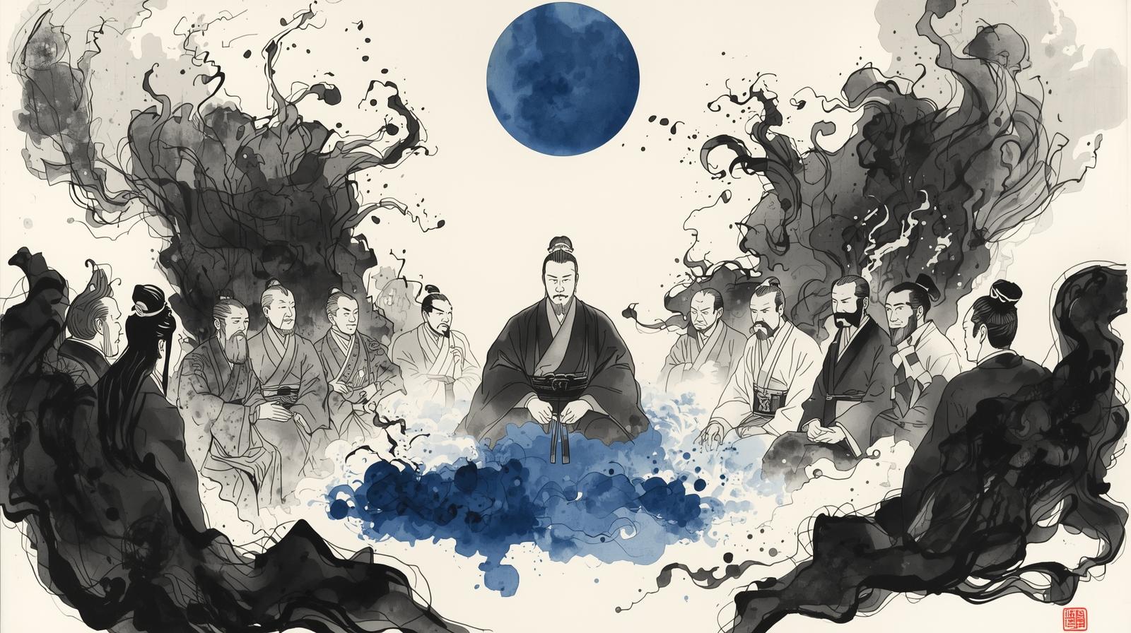 Samurai leaders gathered under the full moon, symbolizing unity, strategy, and leadership lessons from Japanese history.