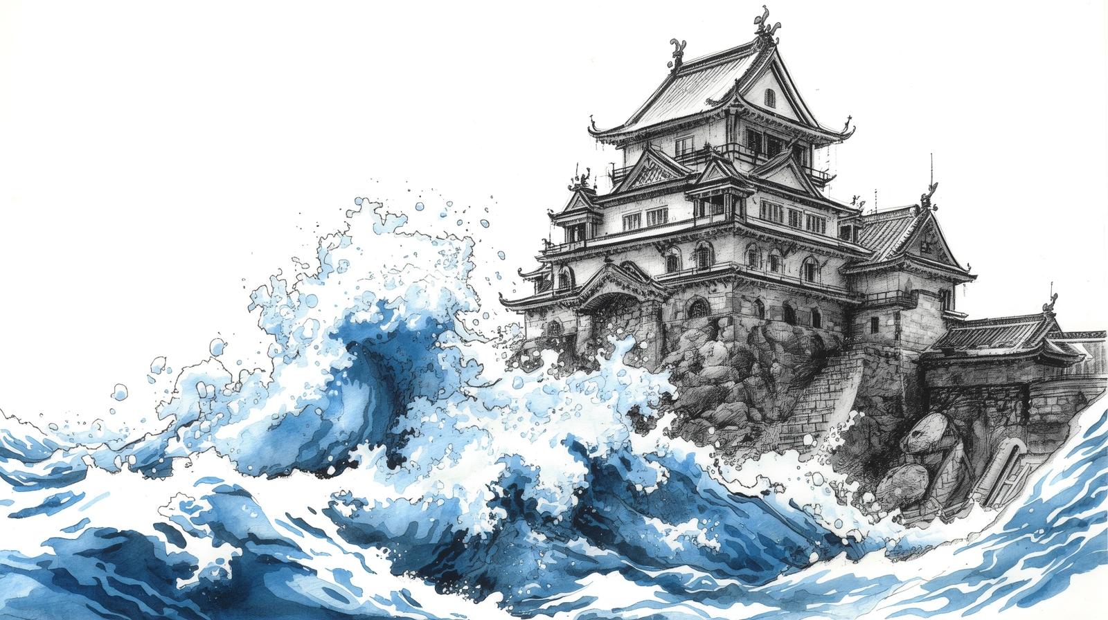 A Japanese castle under siege, surrounded by rising floodwaters, symbolizing Toyotomi Hideyoshi’s water siege and the modern idea of Strategic Isolation in finance.