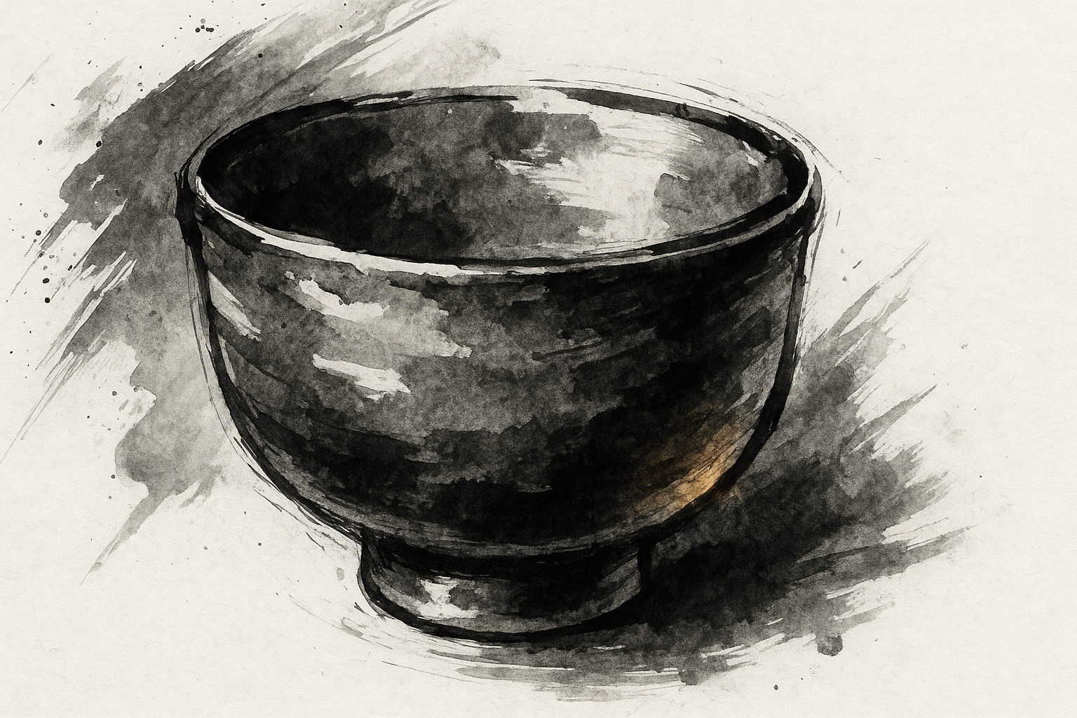 Traditional Japanese tea bowl in ink painting style, simple ceramic design with rustic texture.