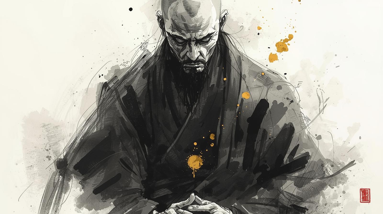 Zen-inspired Samurai practicing mindfulness meditation, showing focus, clarity, and discipline for modern life.
