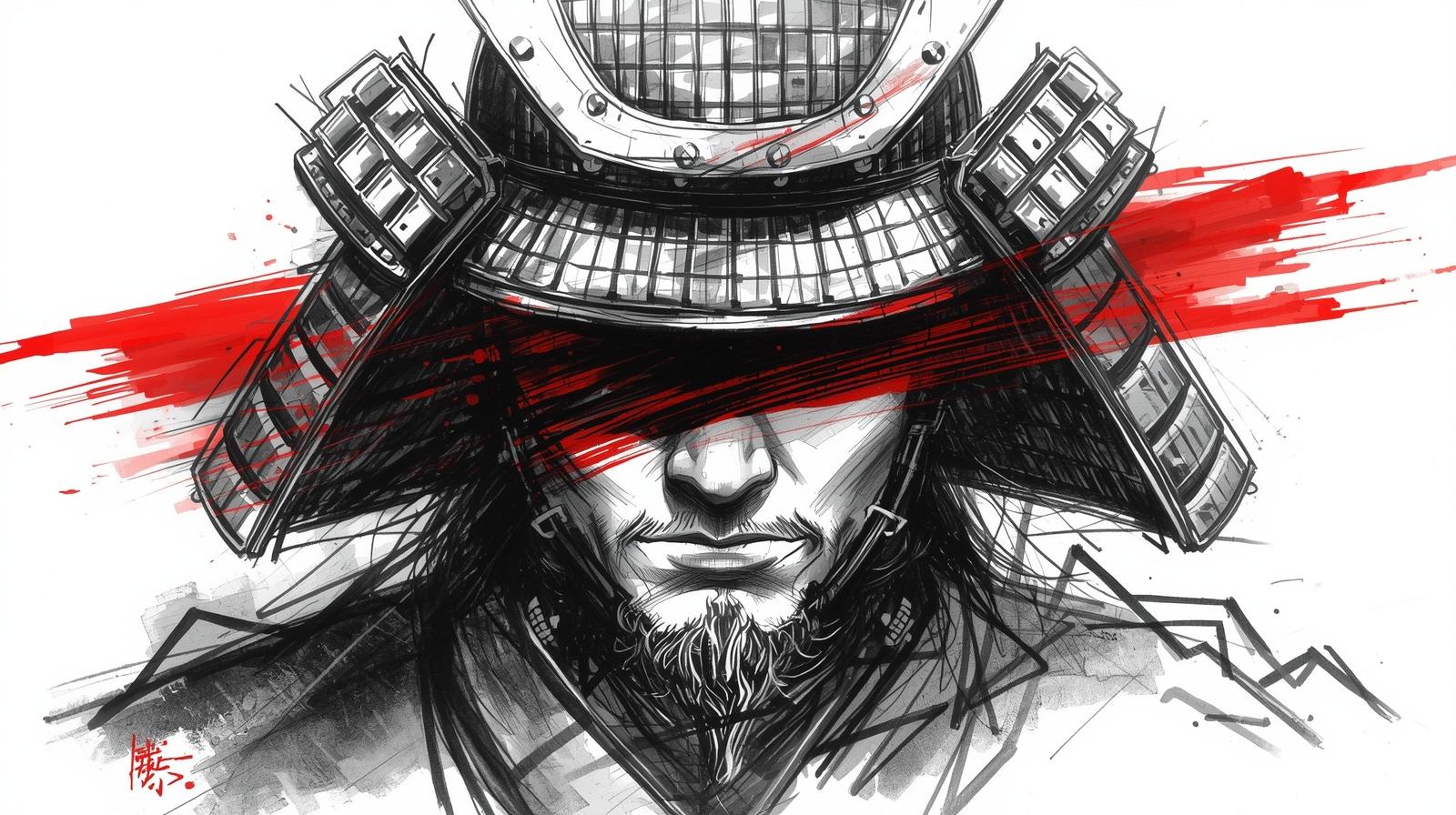 サムライの墨で書かれた絵。血のような赤が背景に流れる。