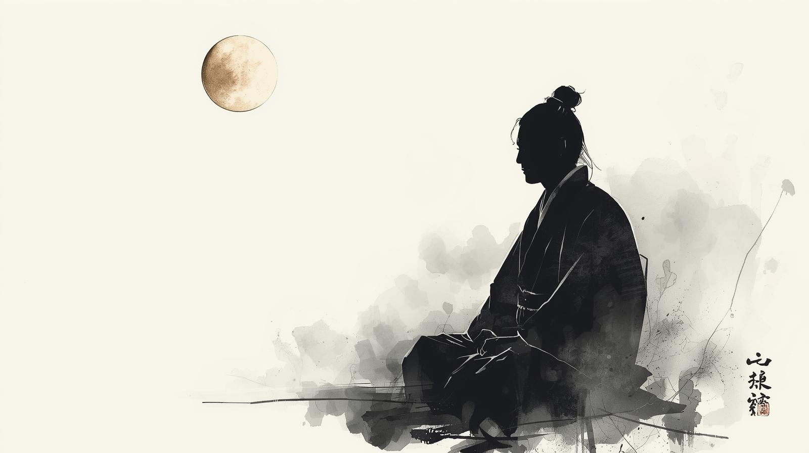 A minimalist ink painting of a samurai in meditation under a golden moon, symbolizing patience, discipline, and long-term investing strategy inspired by Tokugawa Ieyasu.