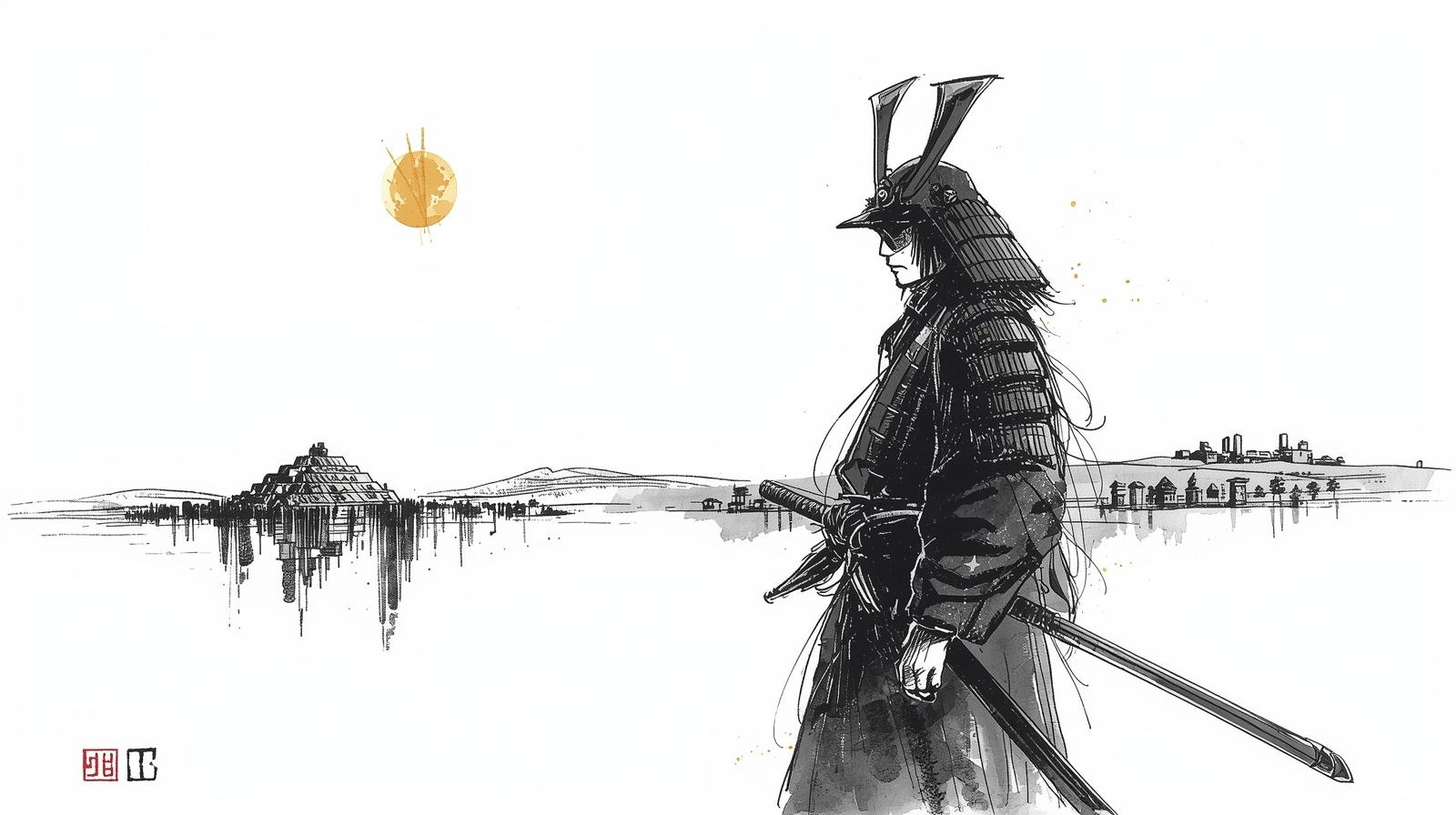 A lone samurai in black armor stands with his katana, gazing at a golden sun above a distant city and pyramid-like fortress, symbolizing discipline and financial resilience.