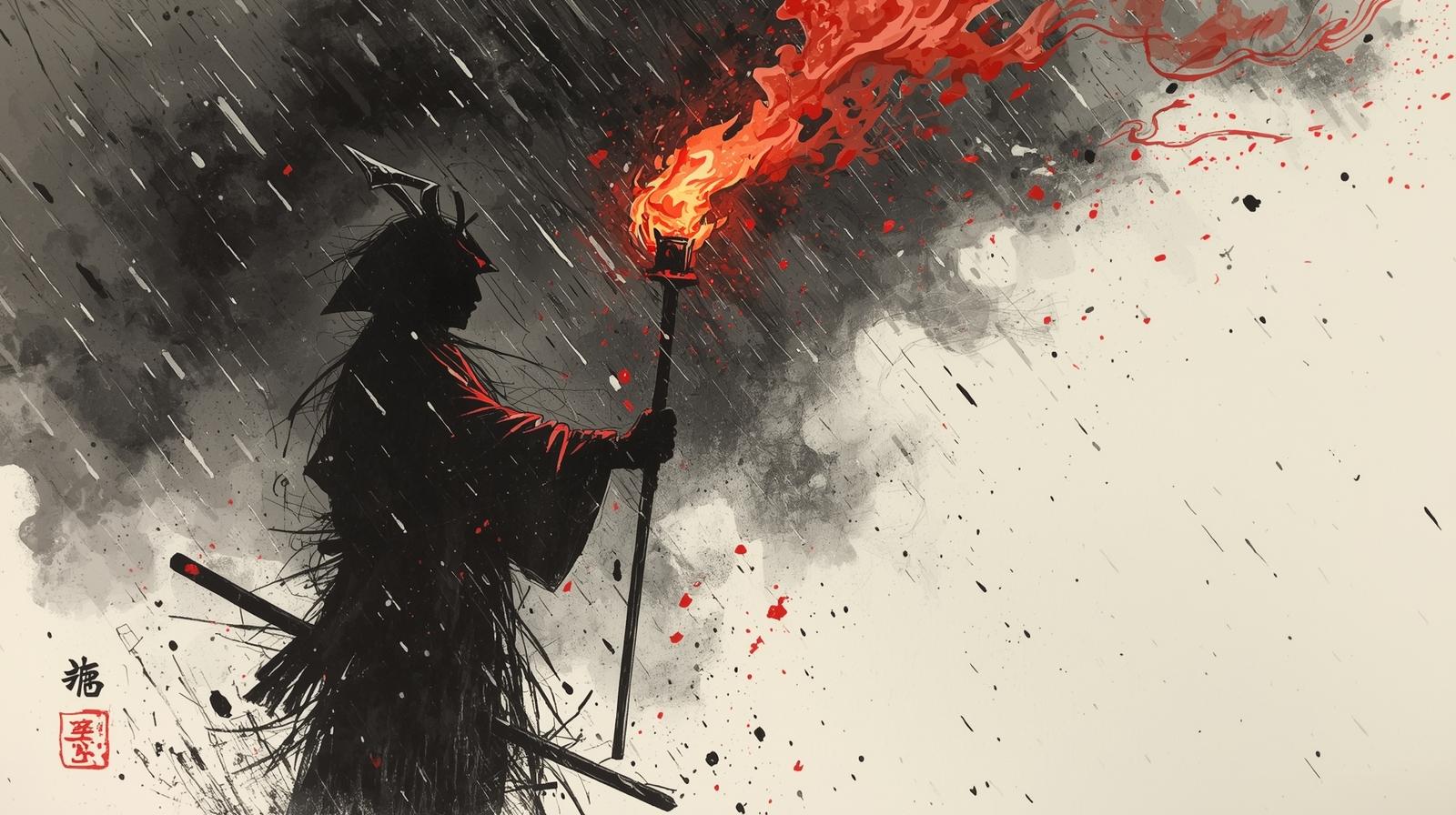 A lone samurai holding a blazing torch in the storm, symbolizing discipline, resilience, and the pursuit of FIRE (Financial Independence, Retire Early) through Japanese wisdom.