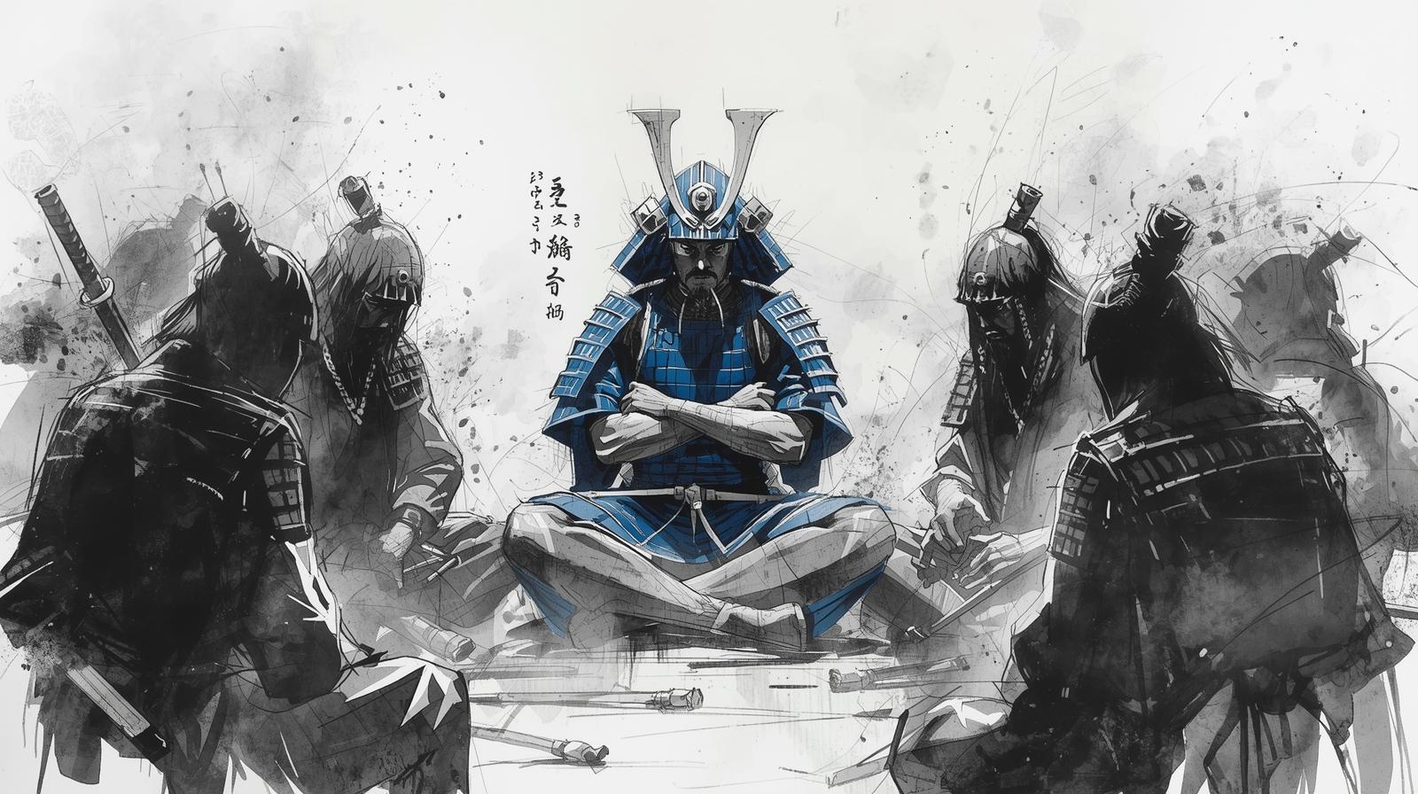 Samurai leader in blue armor sitting in meditation, surrounded by warriors, symbolizing discipline, strategy, and financial wisdom inspired by Japanese history.