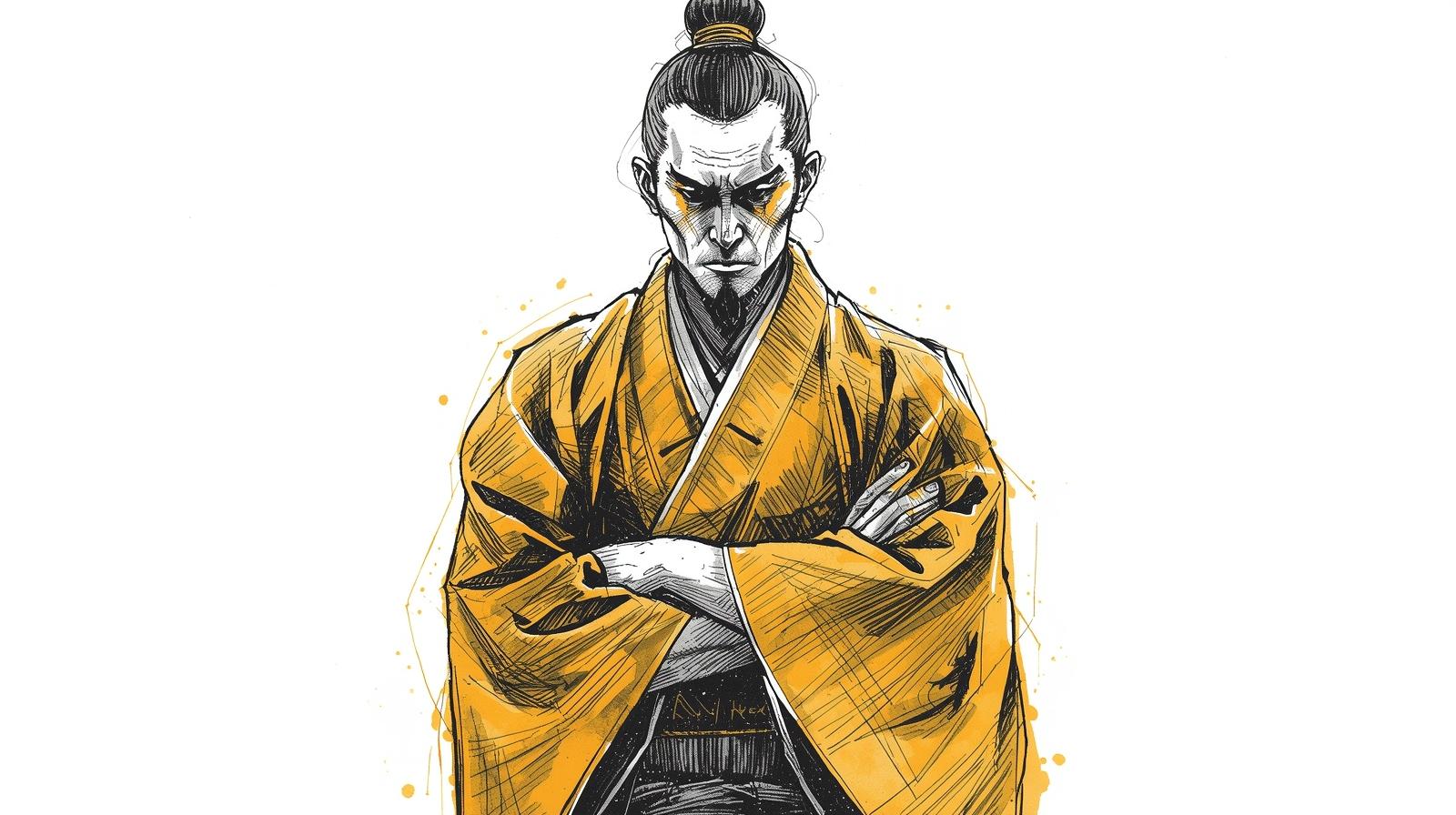 Stylized ink illustration of Toyotomi Hideyoshi in golden robes, arms crossed, symbolizing discipline, organization, and the importance of wealth management systems in finance.