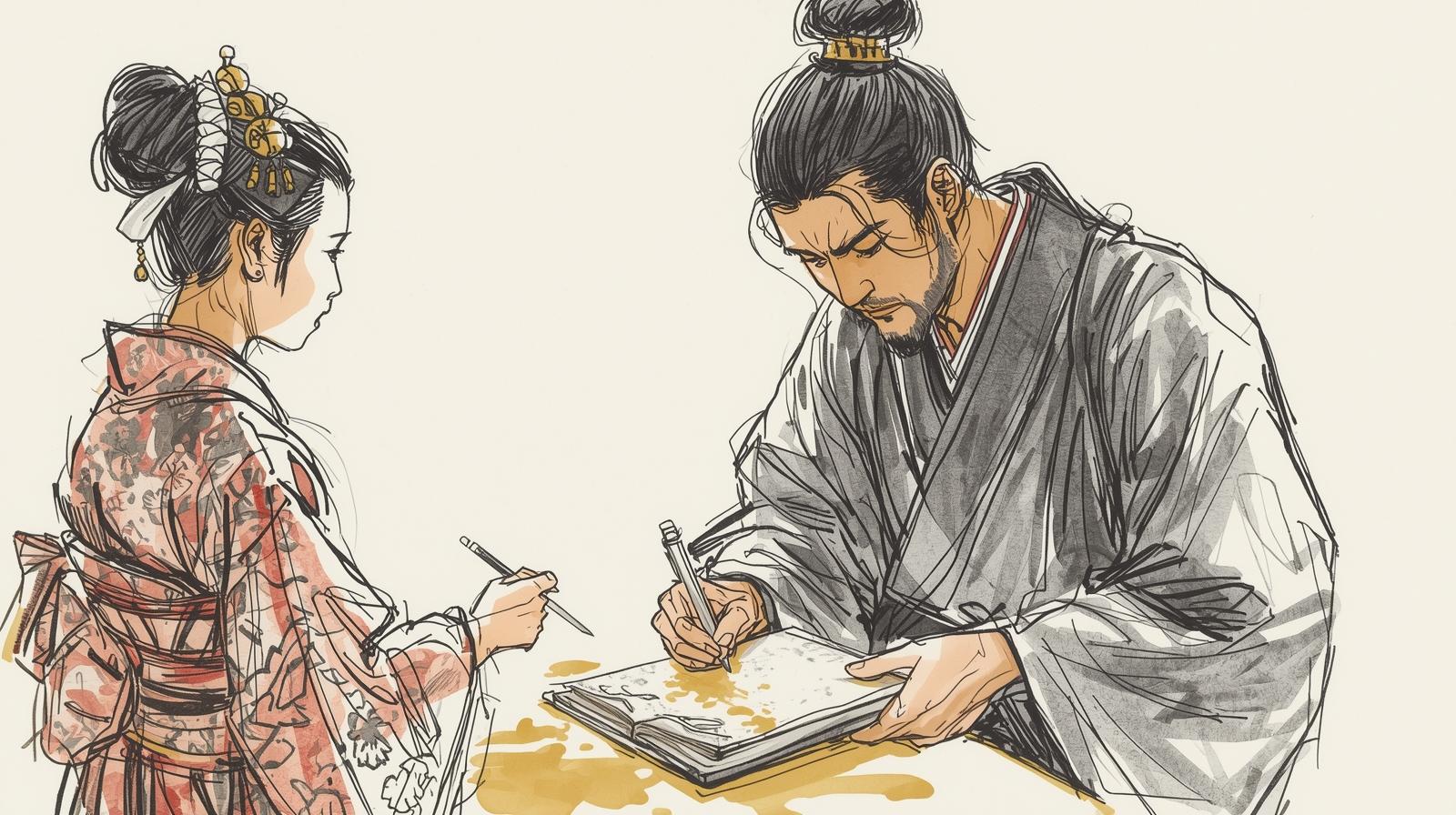 samurai in Edo Japan carefully recording debts in a ledger while a merchant observes, symbolizing traditional kakebarai credit and the balance of income and debt.