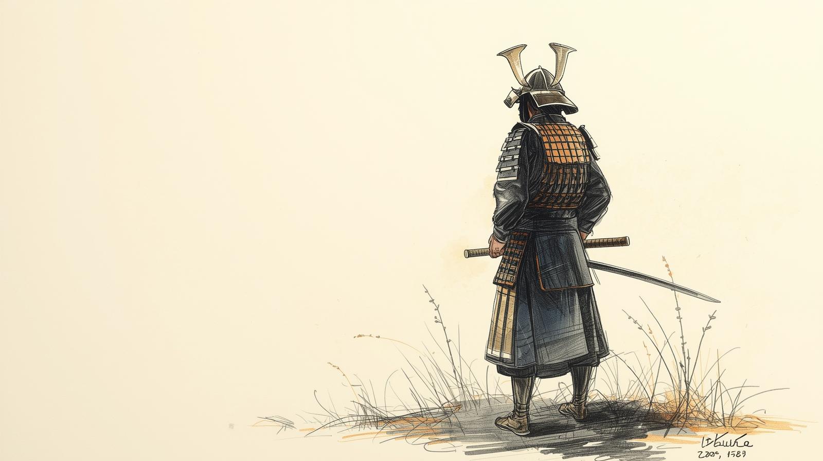 Samurai standing quietly in armor, symbolizing frugality, patience, and long-term investment discipline