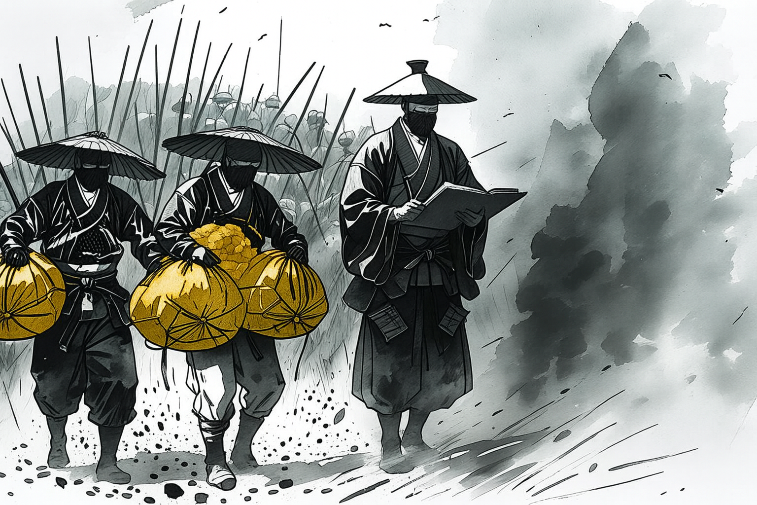 Edo-period ink wash illustration of two peasants carrying golden rice tax bales with a samurai official recording in a ledger, symbolizing rice taxation and the lesson of tax-efficient investing.