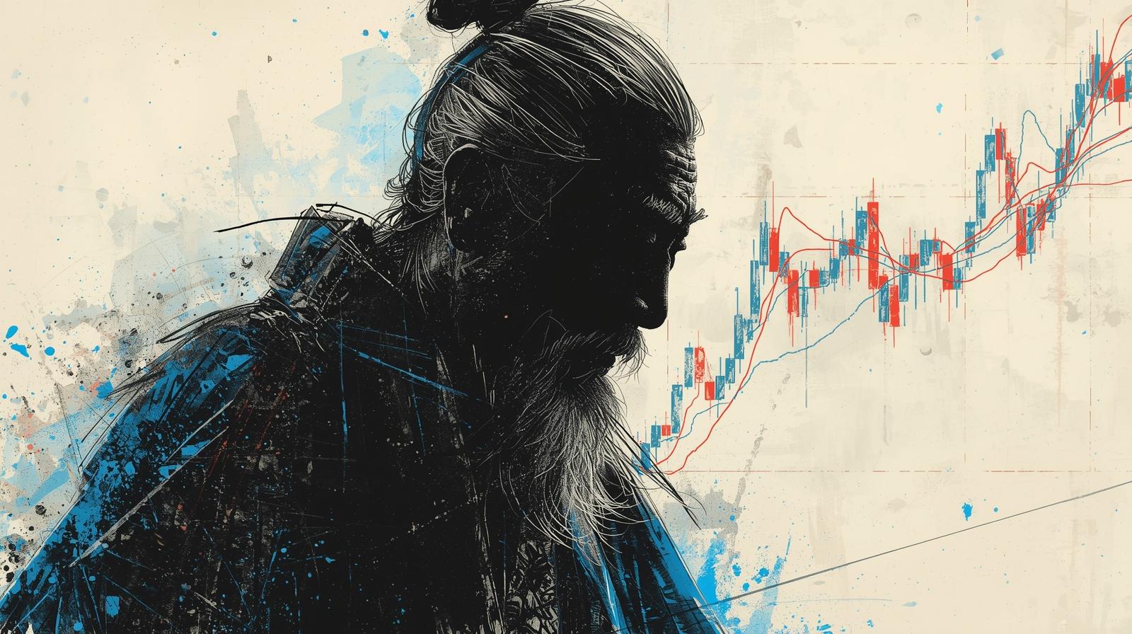 徳川家康をイメージした侍のシルエットと投資チャート。忍耐と積立投資の長期的な成長を象徴するイラスト