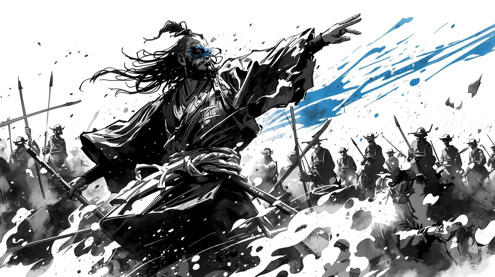 Samurai leader Toyotomi Hideyoshi commanding his warriors with confidence, black ink and blue accent, symbolizing trust and leadership at Sunomata Castle.