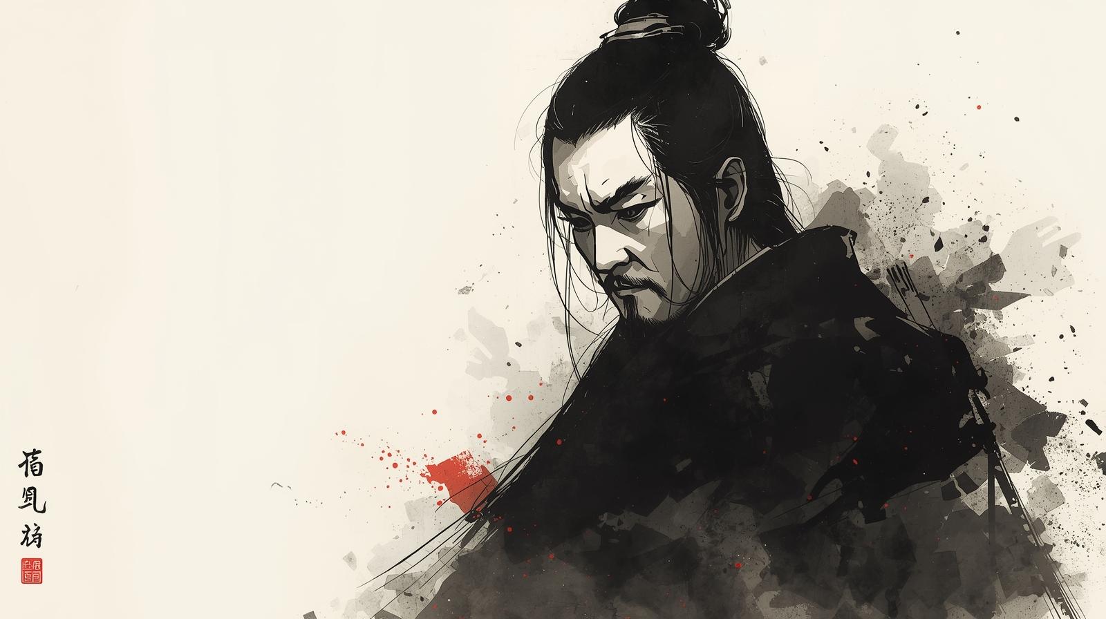 A thoughtful samurai with a calm yet intense gaze, drawn in sumi-e style, symbolizing discipline, silence, and inner strength.