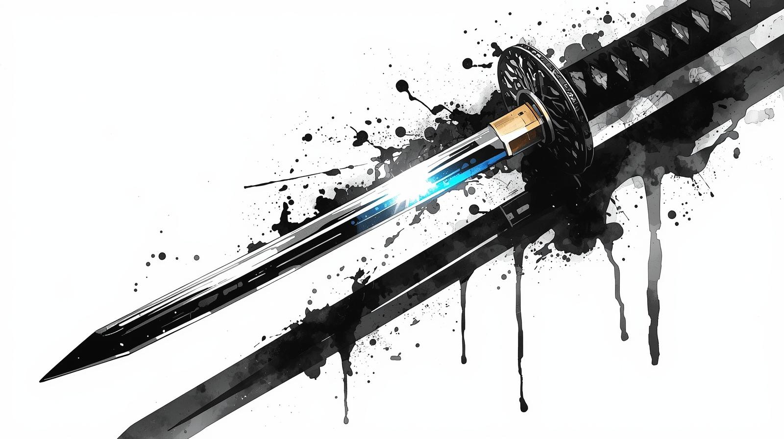 A traditional Japanese katana drawn in black ink, its blade shining with a hint of light, symbolizing the discipline and soul of the samurai.