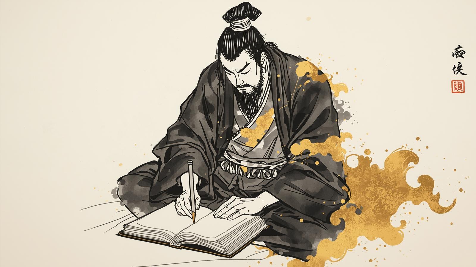 A samurai writes in his ledger, calculating the amount of rice to be distributed to the poor — a symbol of responsibility and compassion in the age of the sword.