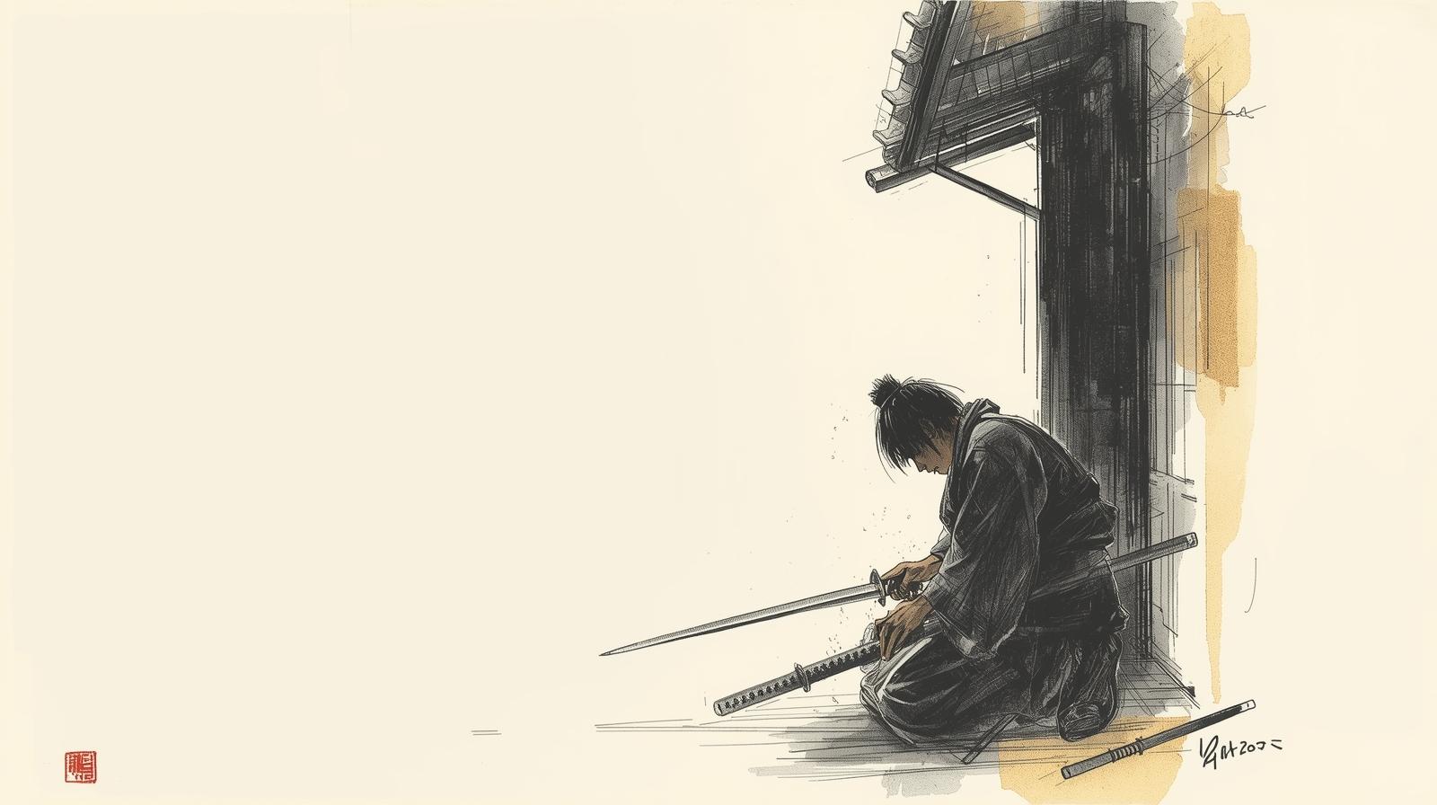 A samurai kneels quietly in a small Edo-style house, polishing his sword with calm focus — a symbol of minimalist living and inner strength.