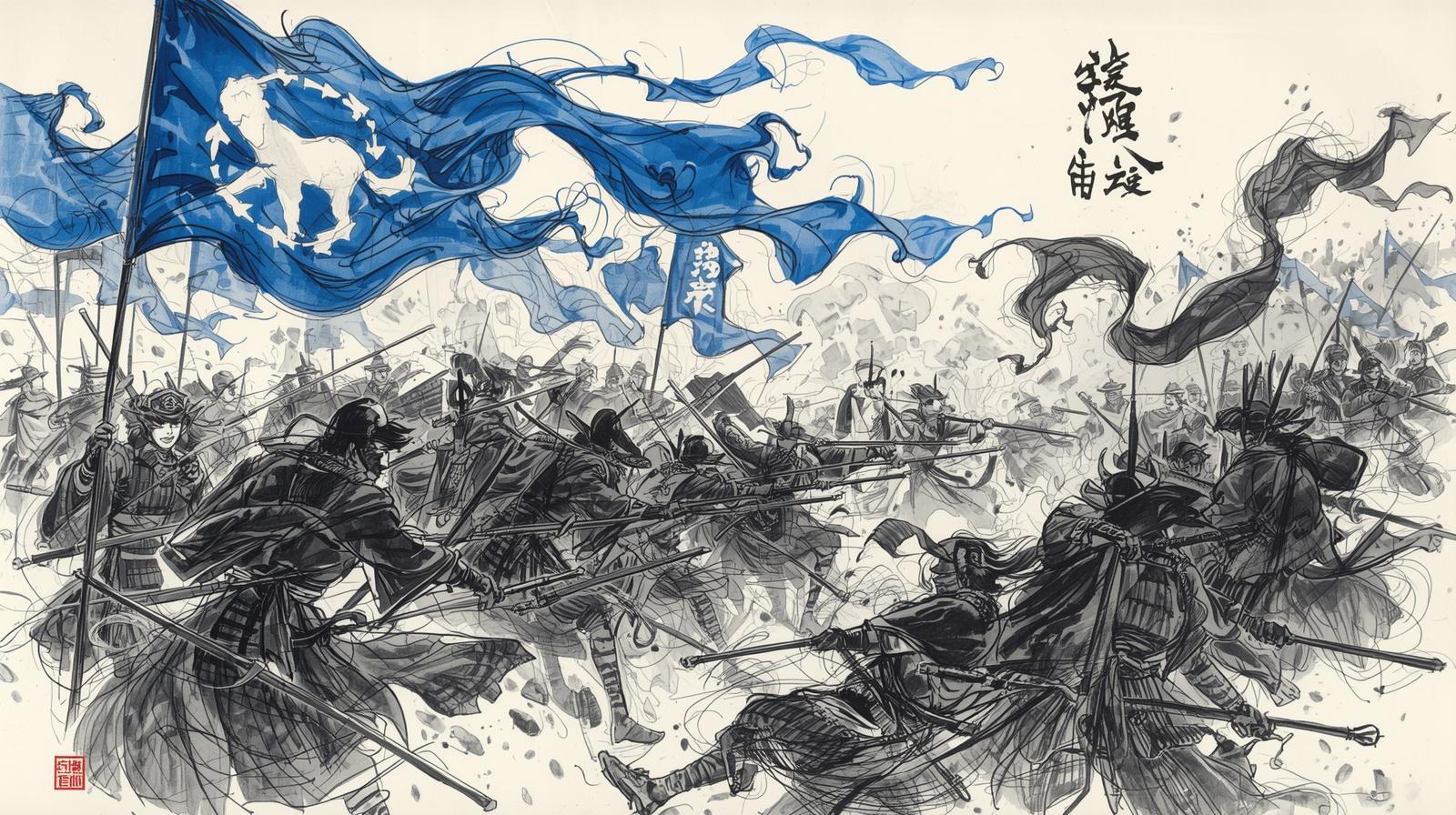 Samurai warriors fighting in formation under blue war flags, using spears and armor. The flags and drums guide their movement in a fierce battlefield.