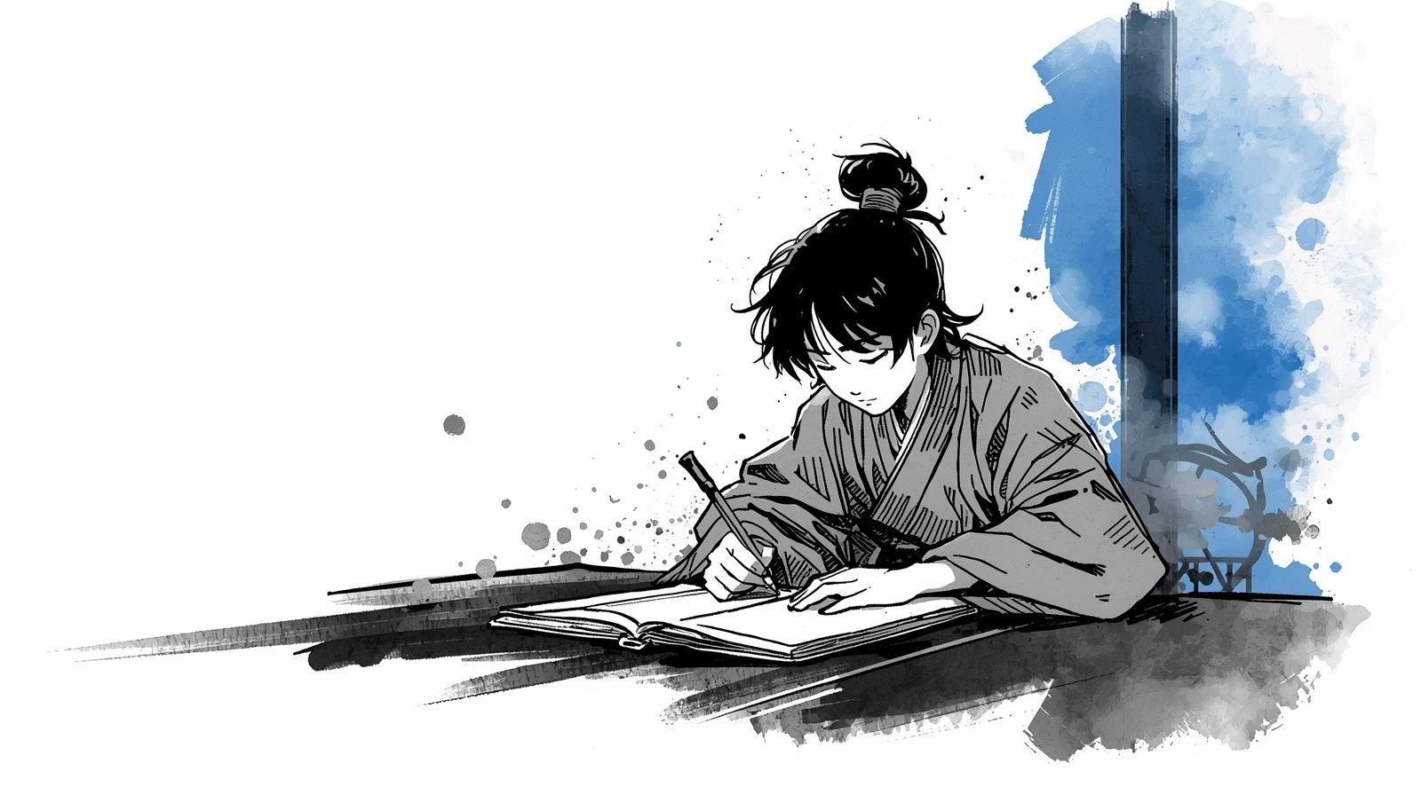 A young samurai boy learning calligraphy under his father’s guidance — representing traditional samurai education in Japan.