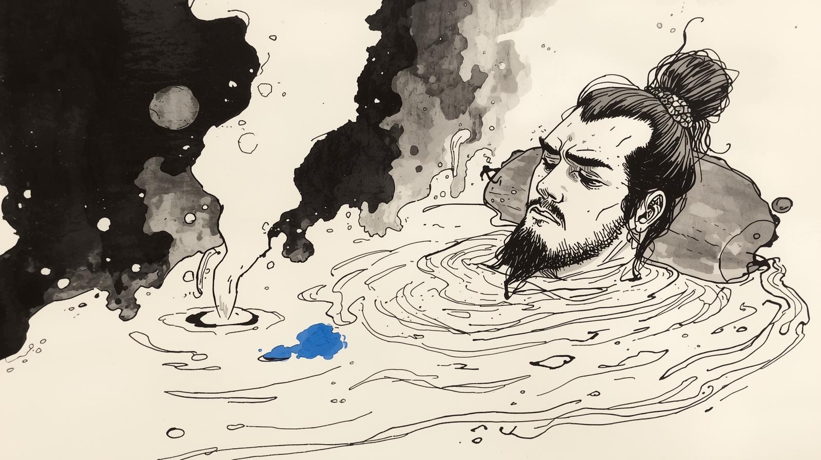 A samurai soaking in a hot spring at night, steam rising around him, his face calm but strong, finding peace before the next battle.