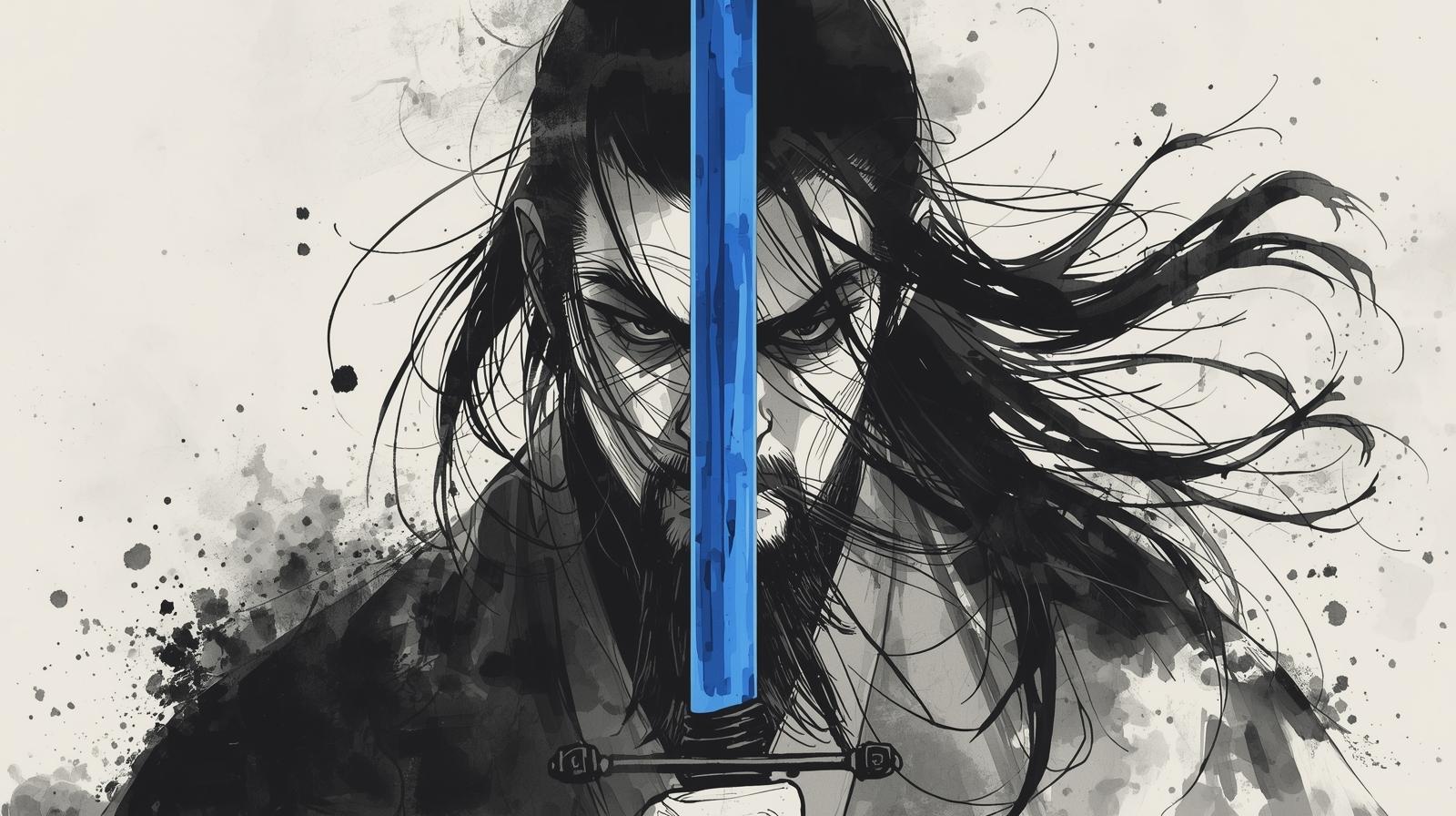 A fierce samurai staring through a blue glowing sword, symbolizing discipline, focus, and the timeless spirit of leadership.