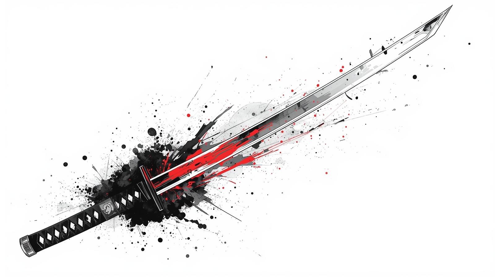 A Japanese katana exploding with ink and blood-like splashes — a symbol of a cursed blade’s violent beauty.