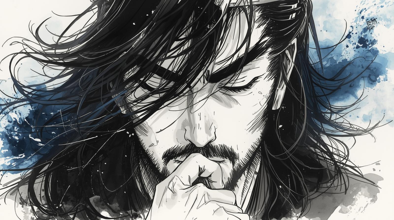 A thoughtful samurai inspired by Oda Nobunaga, lost in deep reflection. His hair moves with the wind, symbolizing freedom and the spirit of open trade.