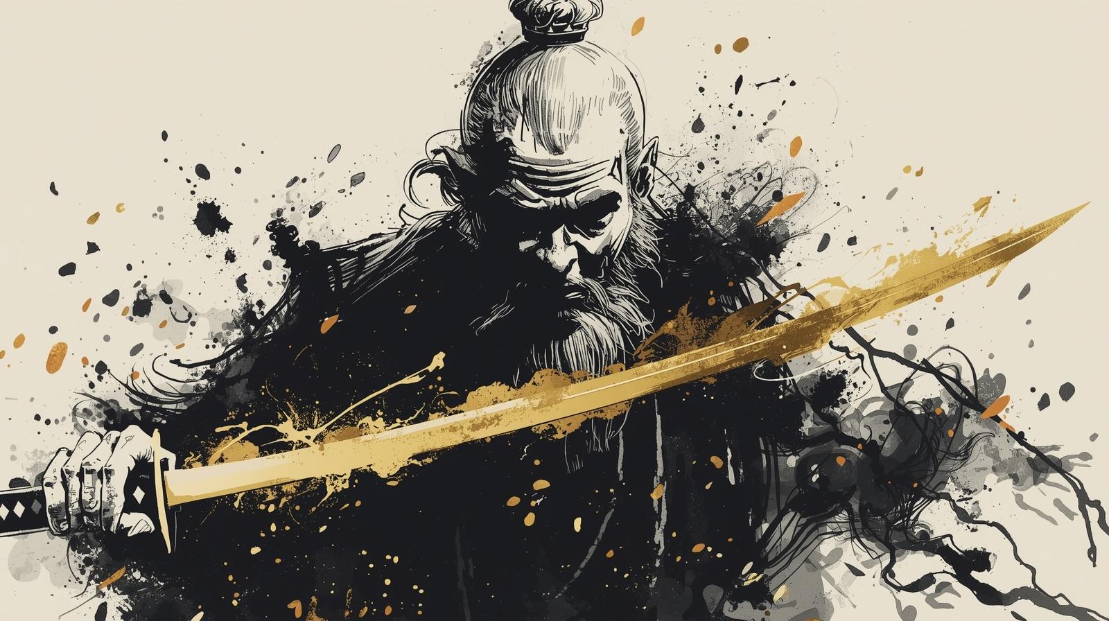 A powerful samurai holding a golden sword, painted in bold ink strokes and splashes — representing Toyotomi Hideyoshi’s ambition and golden era of Japan’s trade and expansion.