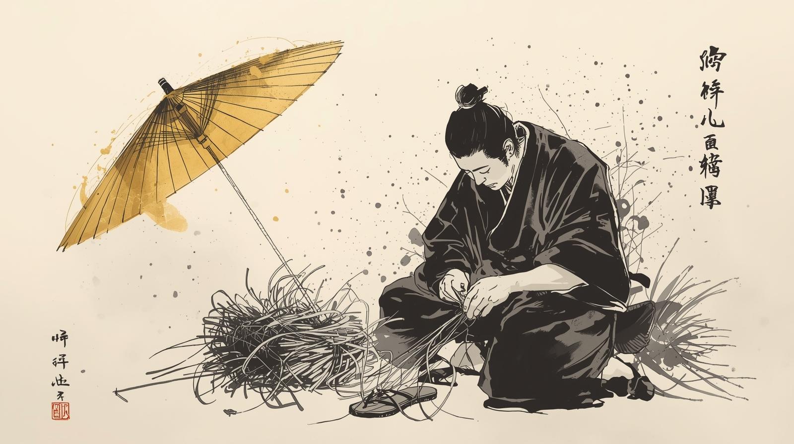 A samurai in simple robes sits quietly, weaving straw sandals beside a paper umbrella — a symbol of humility, discipline, and the side hustle spirit of Edo Japan.