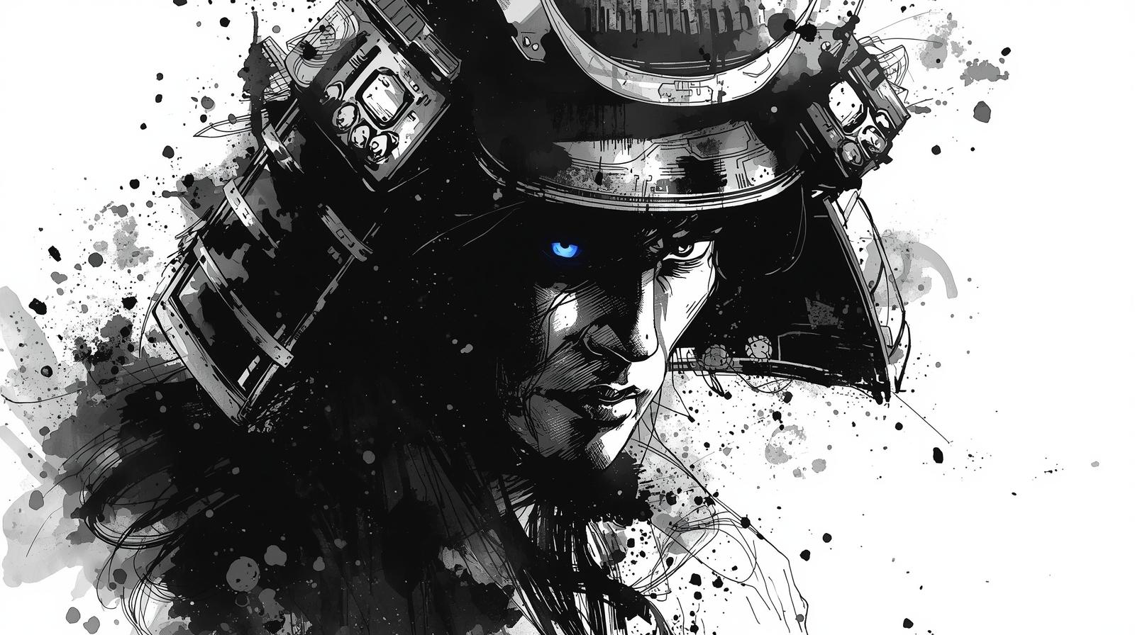 A samurai with one piercing blue eye in black armor — inspired by Date Masamune, the One-Eyed Dragon of Japan, symbolizing vision and fearless ambition.
