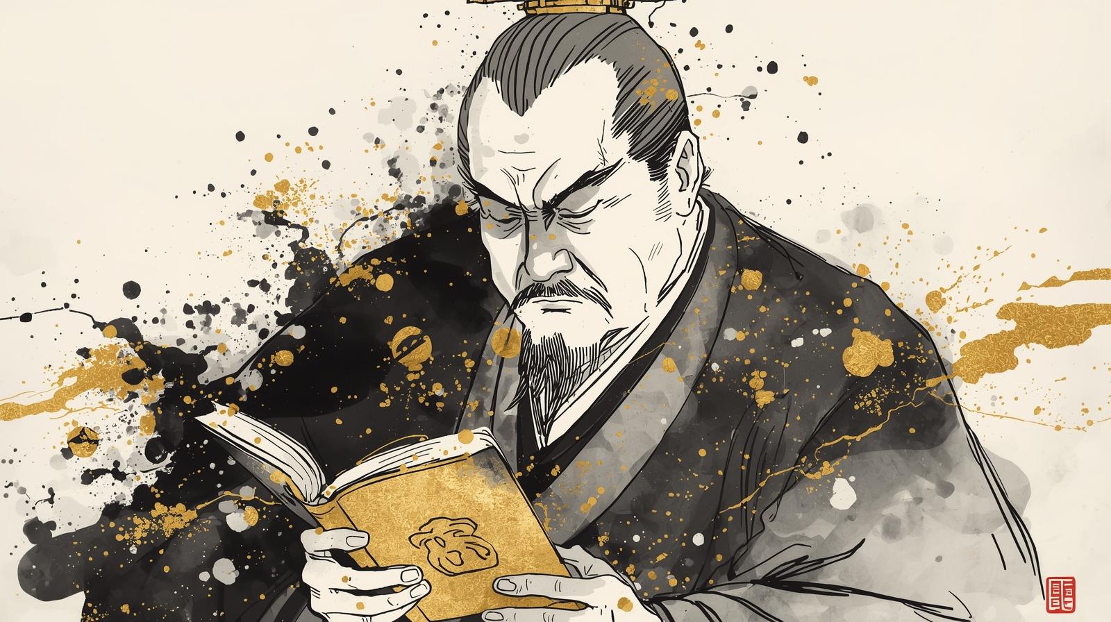 A portrait of Tokugawa Ieyasu reading a golden book of Sun Tzu’s “Art of War,” symbolizing wisdom, patience, and strategy.