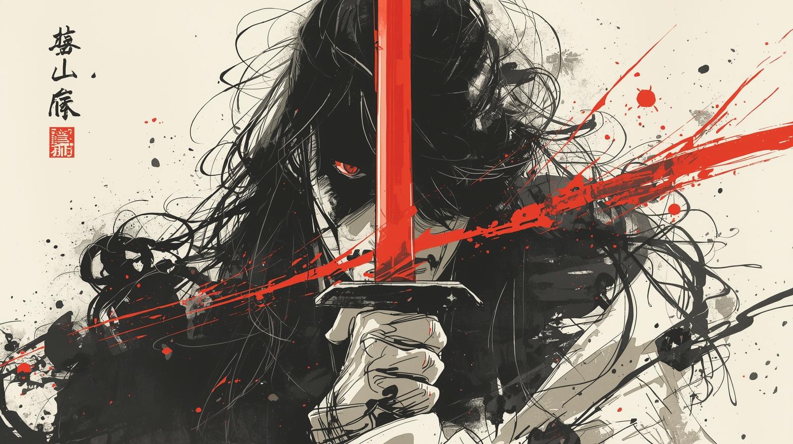 Oda Nobunaga holds a blood-red sword before his face. His eyes burn with determination—red like the blade, as if mixed with both rage and sorrow.