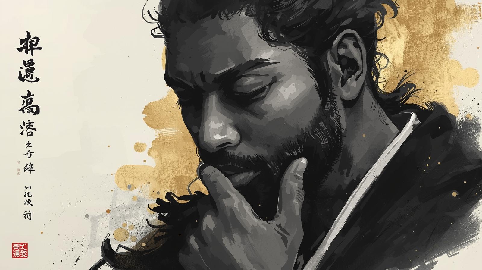 A portrait of Yasuke, the African samurai, shown in deep thought with a calm and wise expression. Ink and gold tones blend to reflect both strength and serenity.