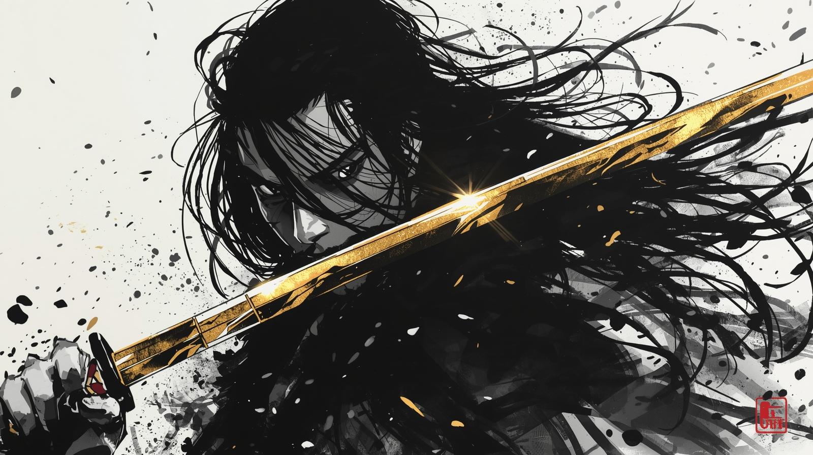 Oda Nobunaga holding a golden sword, symbolizing his money strategy and his bold vision of leadership in the Sengoku era.