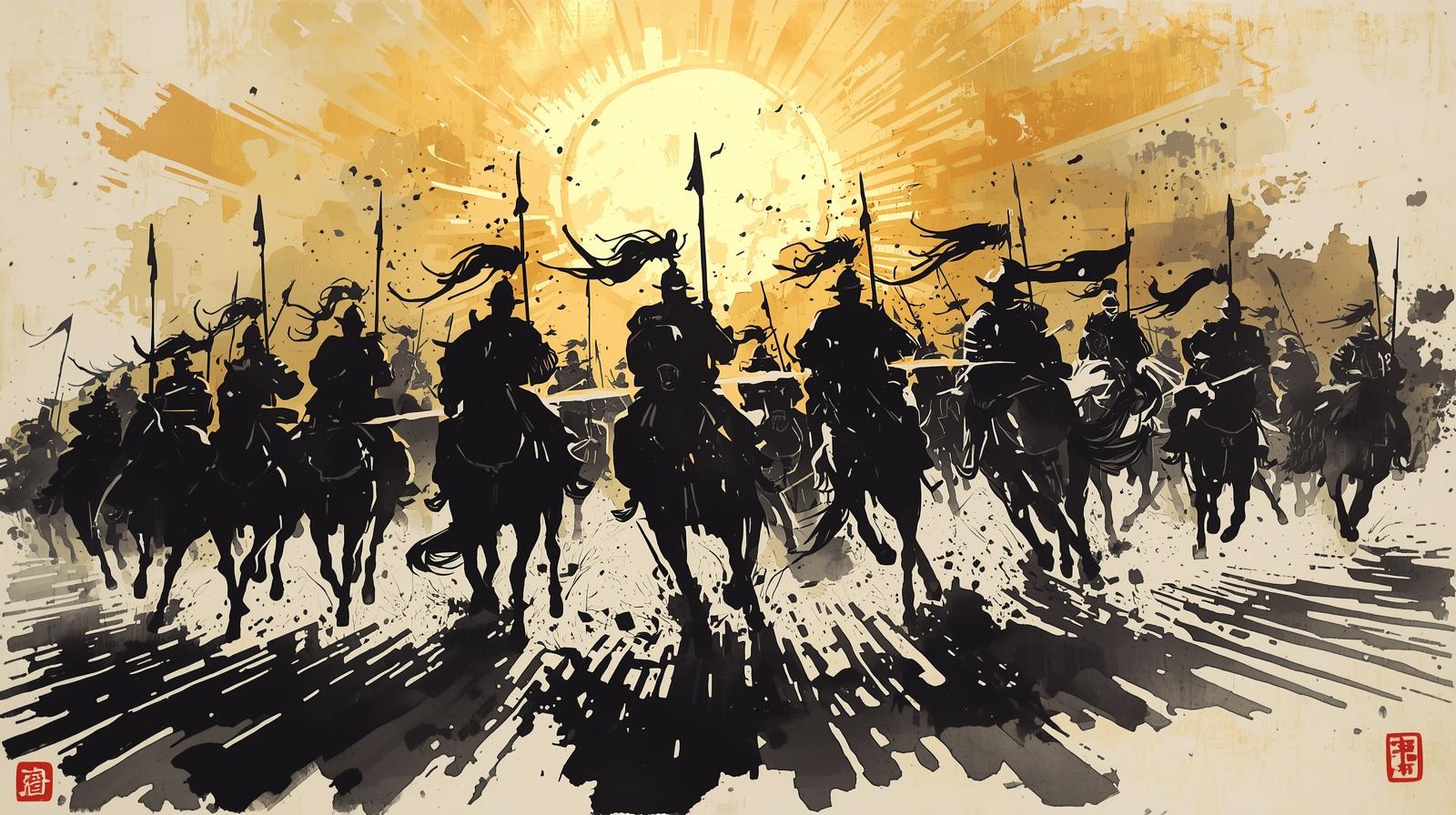 Takeda Shingen’s cavalry charges forward with the sun behind them. Golden light shines over the battlefield as flags wave in the wind.