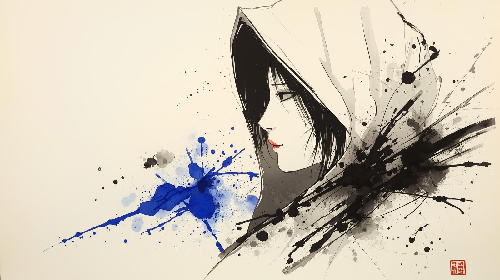 A portrait of Hojo Masako, a calm yet determined woman in a white hood. Ink splashes in black and blue symbolize her strength and sorrow during the Kamakura era.