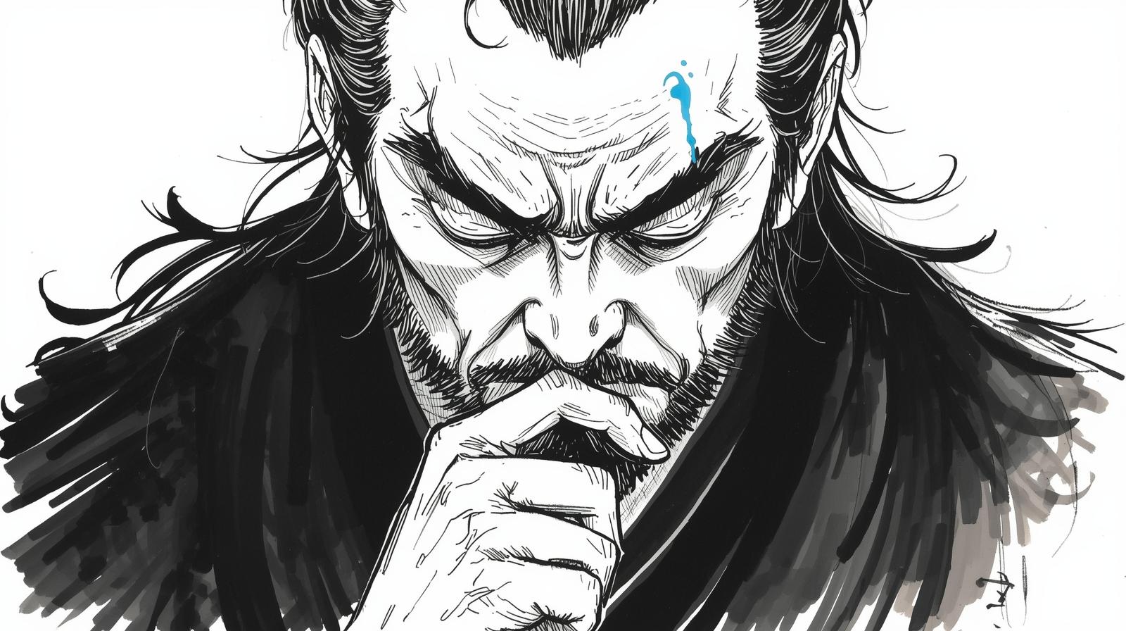 A wise old samurai, Hirate Masahide, thinking deeply with calm determination. His expression shows the weight of duty and sacrifice.