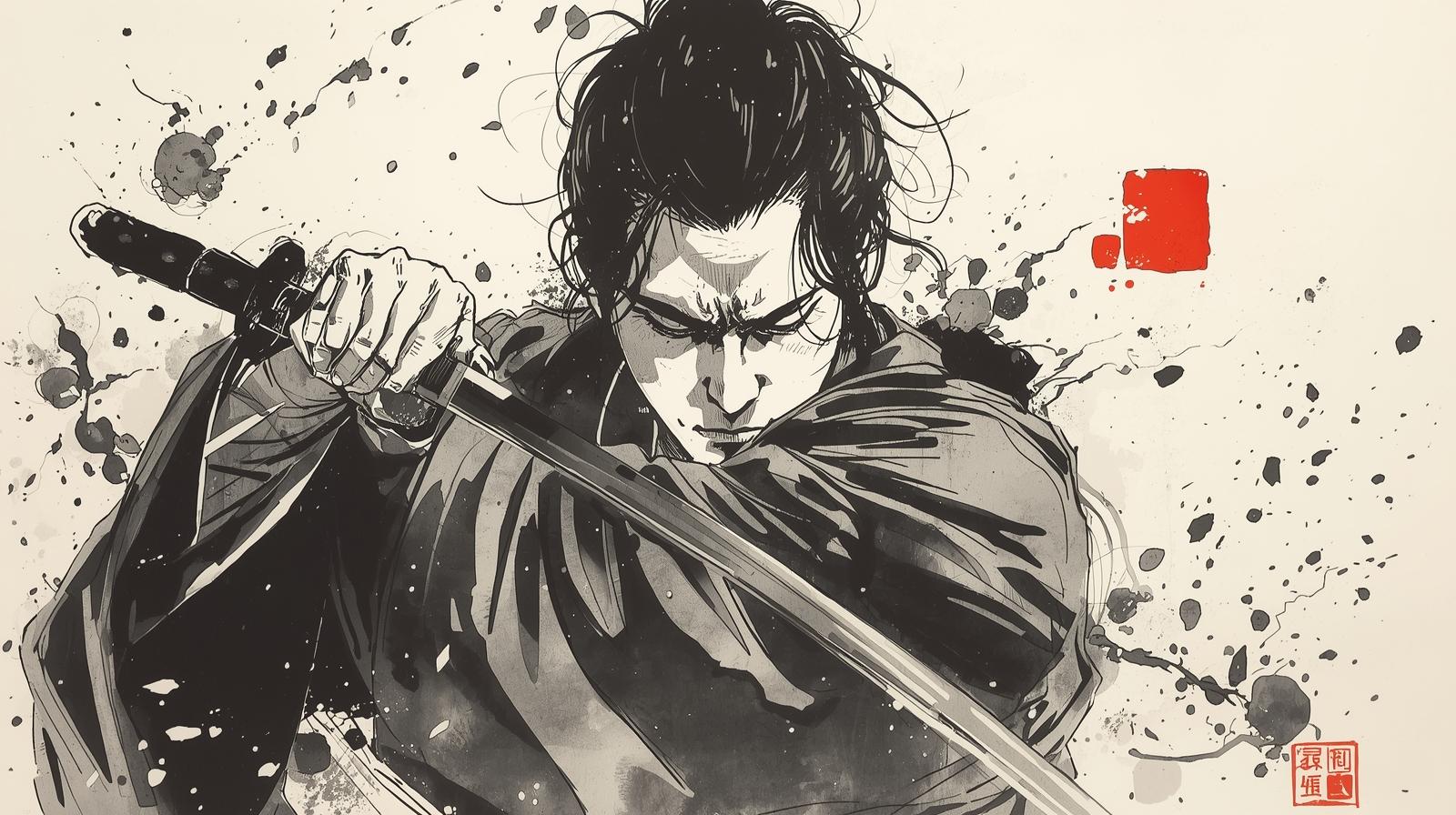 A samurai with calm determination draws his sword, ready to face his destiny. Ink splashes symbolize his inner resolve and unshakable spirit.