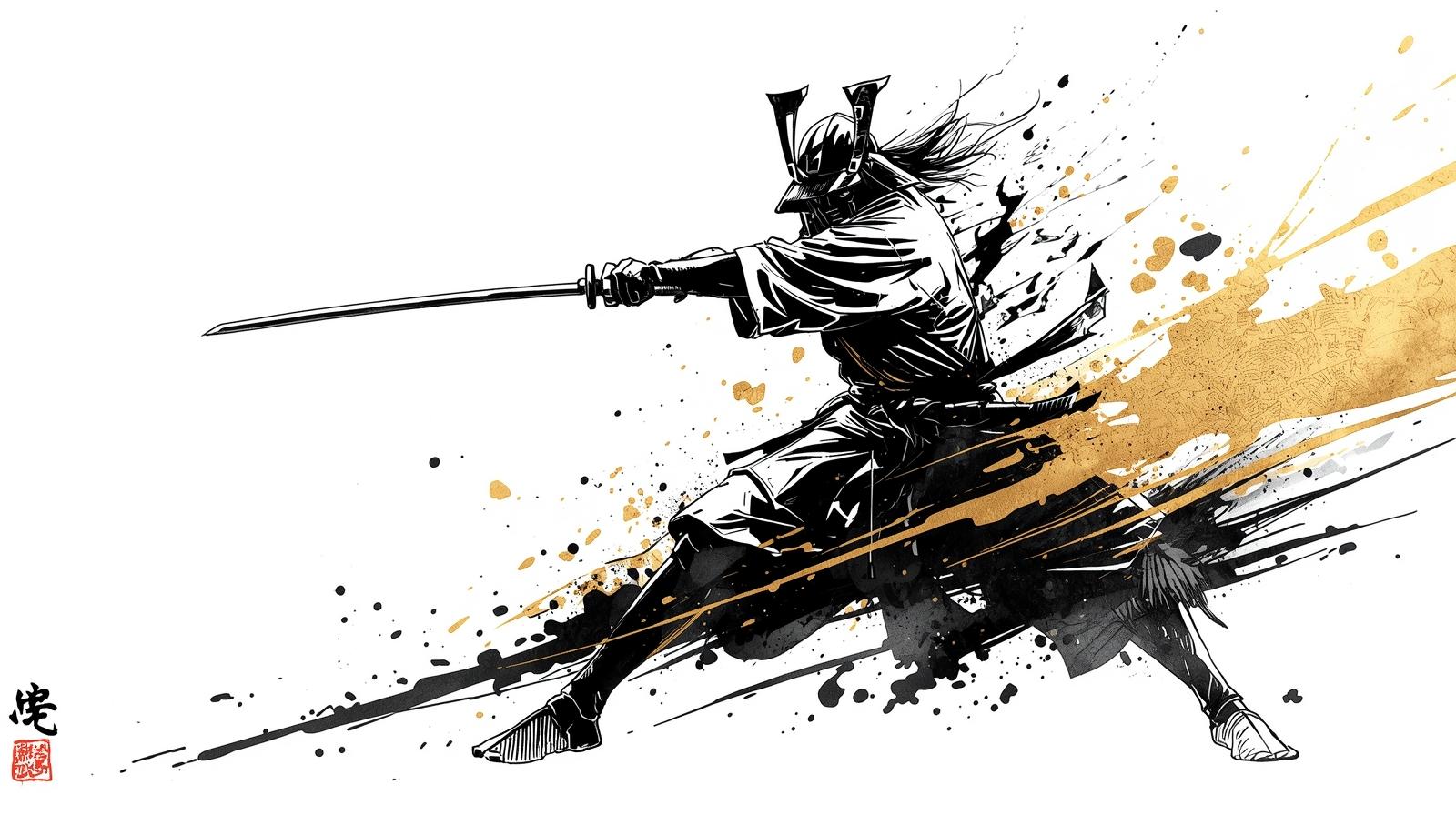 A samurai practicing sword swings with calm focus, ink-style art with gold brush strokes symbolizing discipline and readiness.