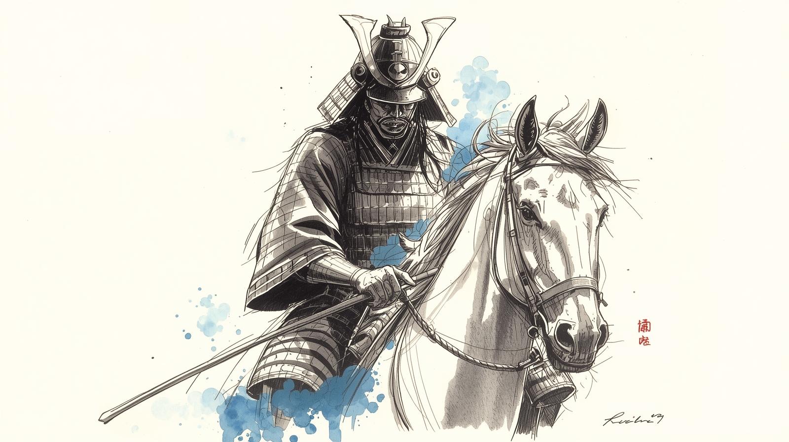 A samurai warrior in armor rides a white horse, holding his weapon with calm determination.