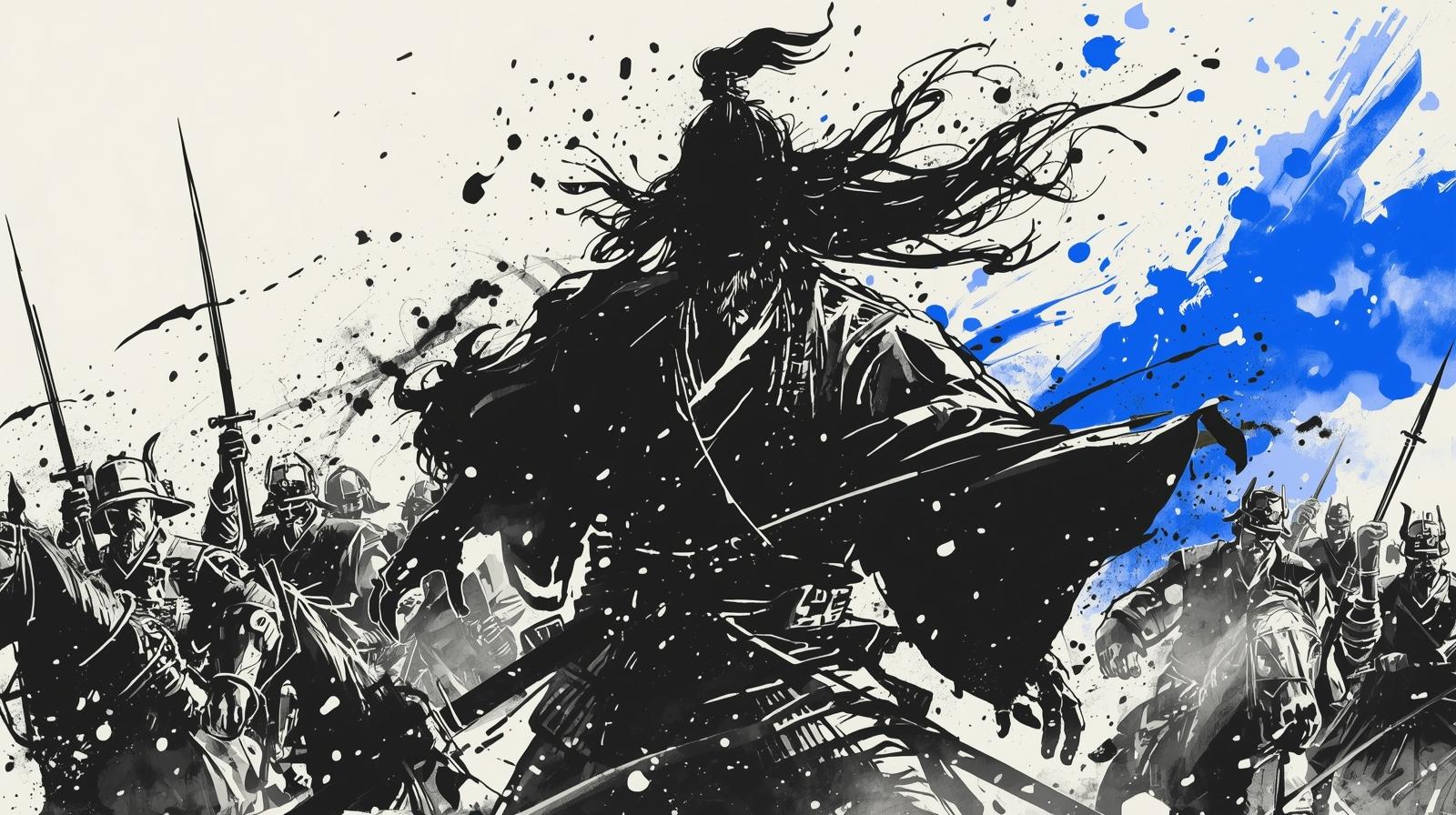 Akechi Mitsuhide leads his army toward Honnoji, his figure dark against a storm of ink and blue. His heart is torn between duty and doubt as he rides to face destiny.