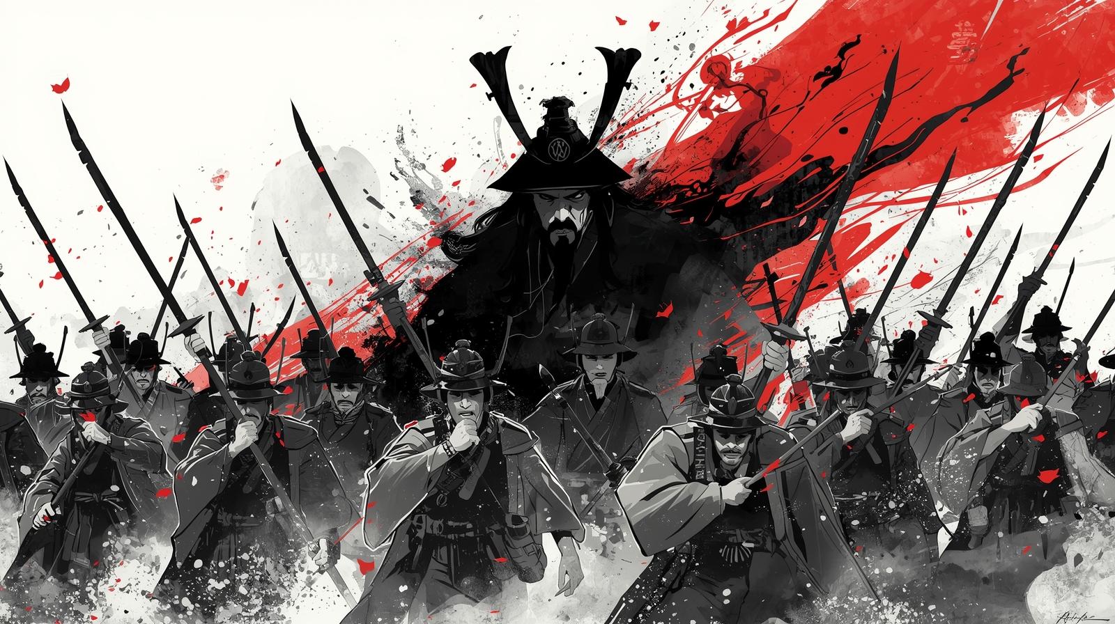 Samurai warriors charging forward with spears, led by Sanada Yukimura in the center, shown in bold red and black ink-style art.
