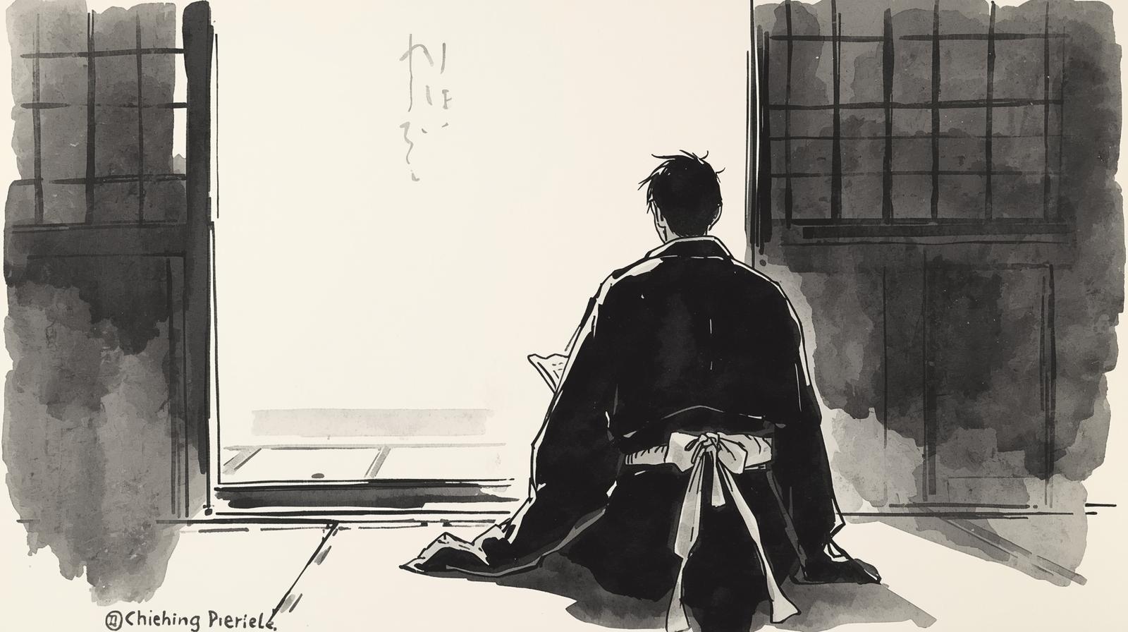 A samurai sits quietly in a traditional Japanese room, facing the bright light beyond the sliding doors, reading a scroll in deep thought. His calm posture reflects wisdom and restraint — the essence of Takenaka Hanbei.