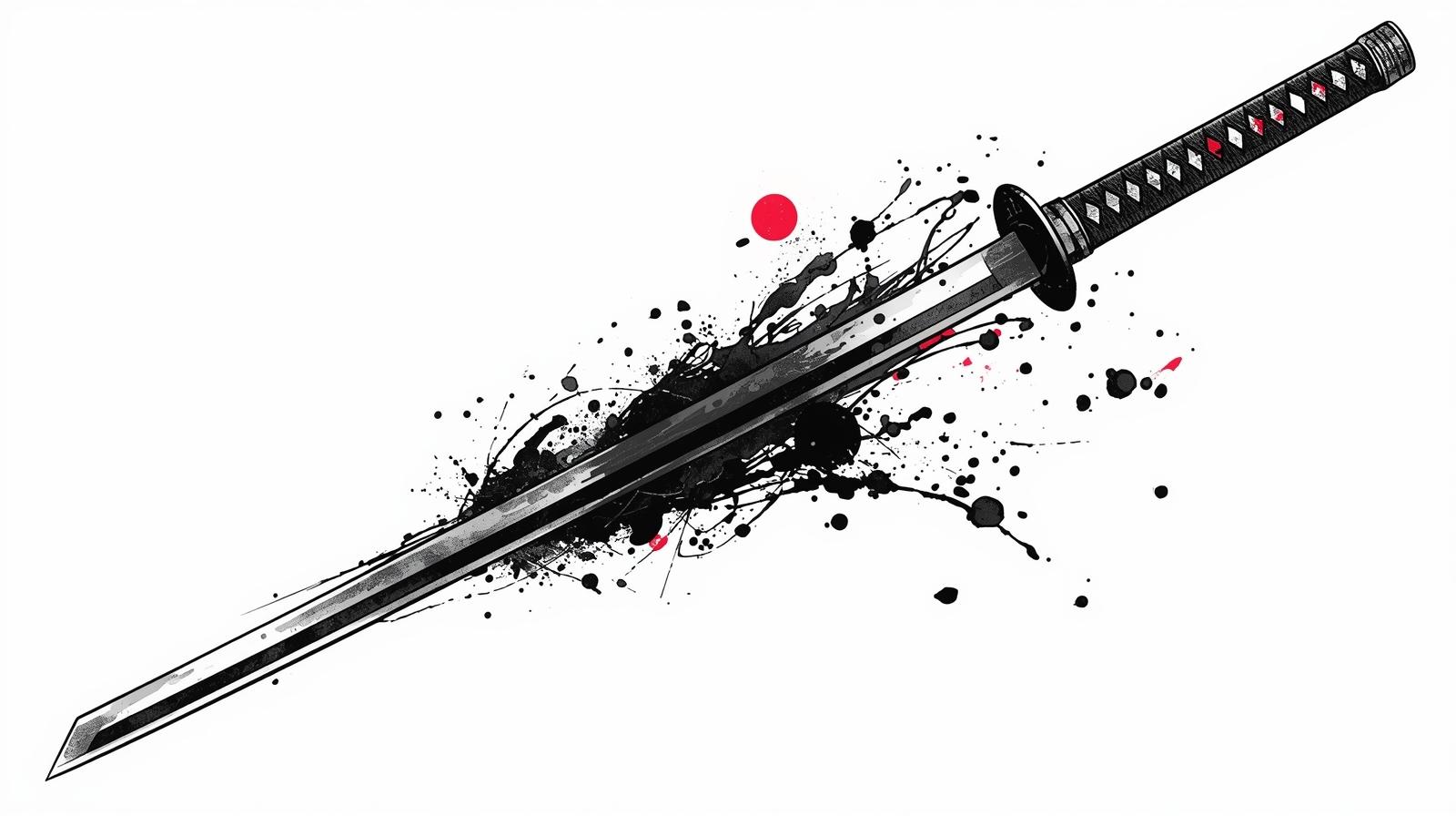 A Japanese sword forged with precision and spirit, surrounded by splashes of black ink and red, symbolizing both strength and artistry.